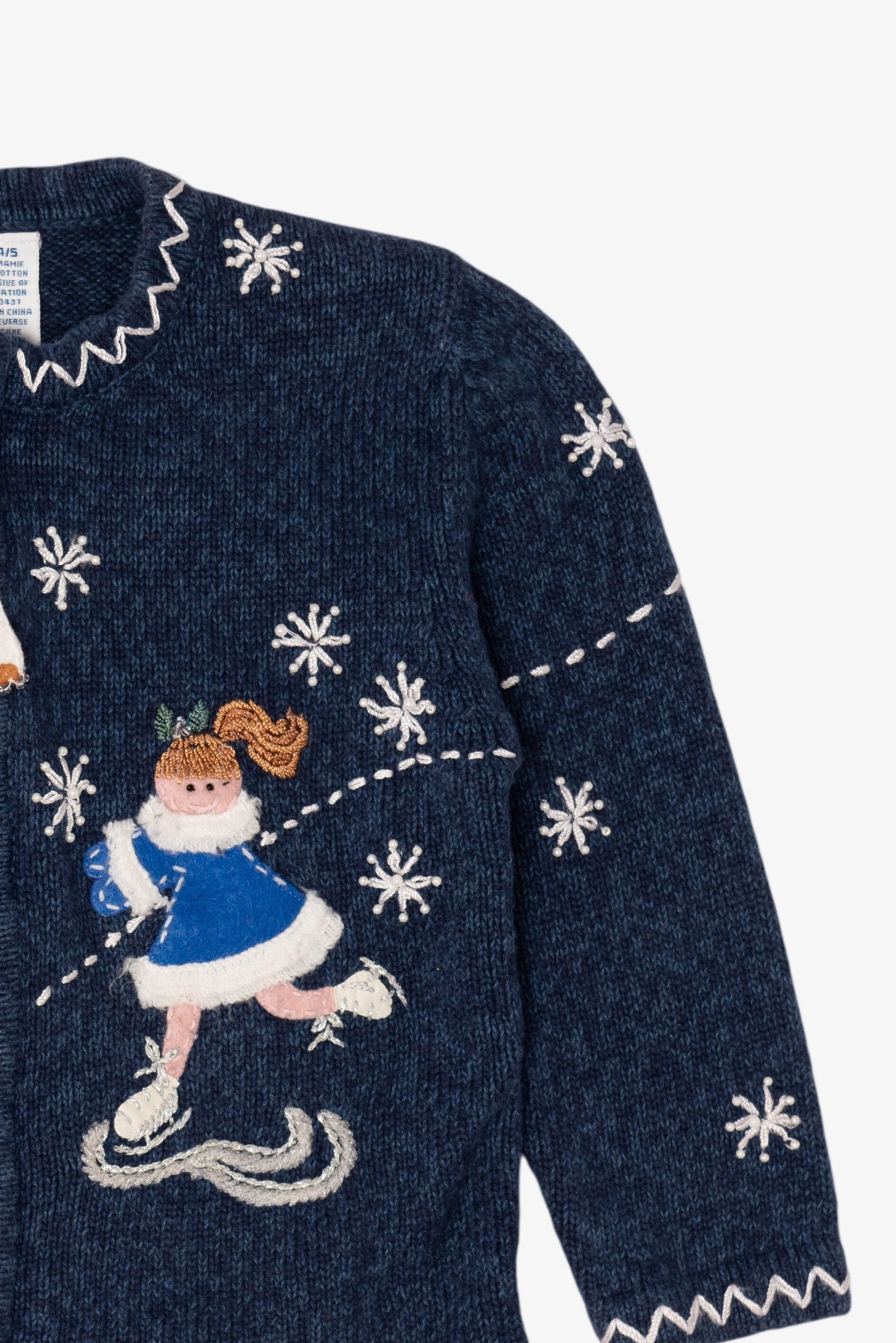 Vintage Kids Navy Blue UR It Ice Skating Ugly Christmas Cardigan (1990s)