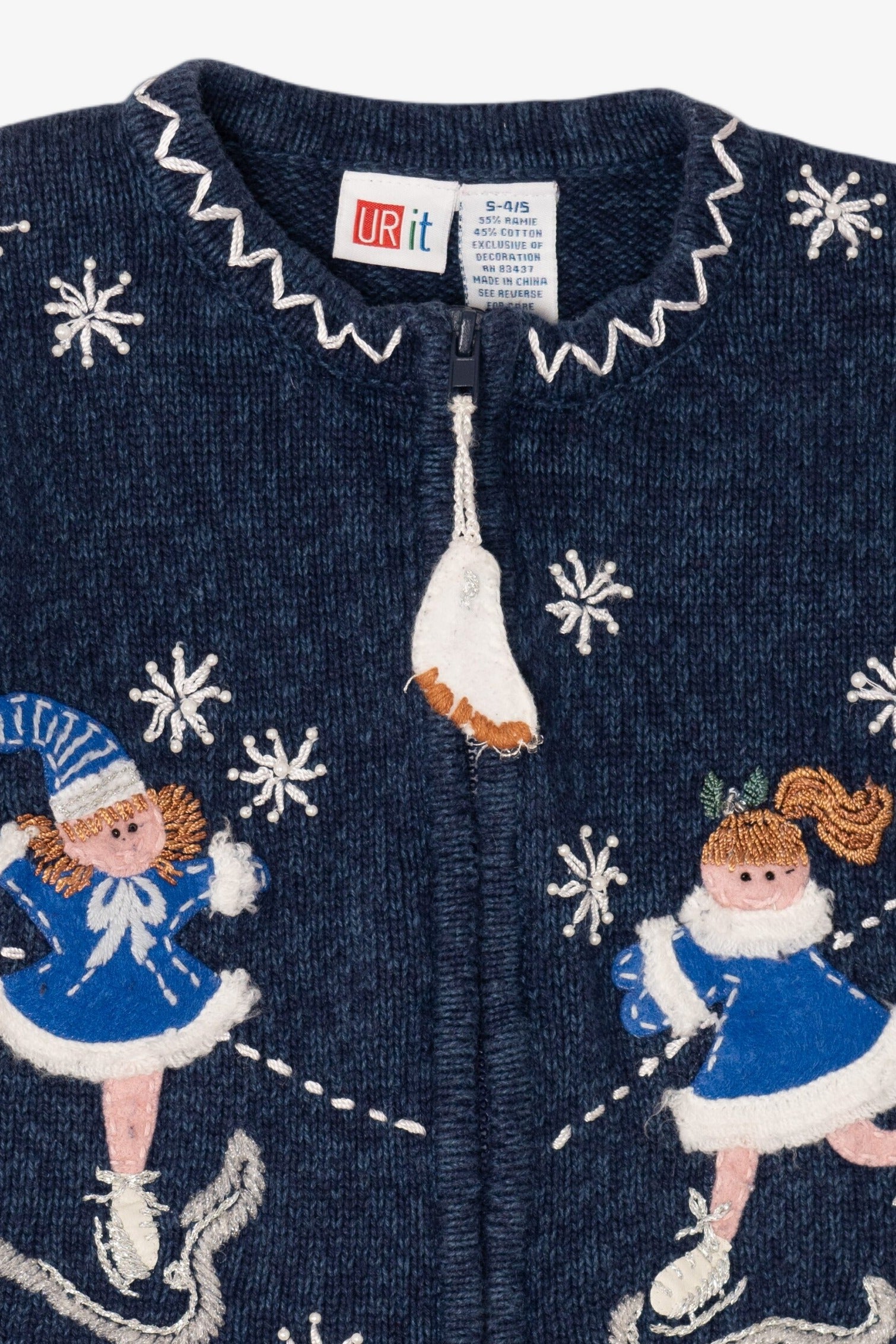 Vintage Kids Navy Blue UR It Ice Skating Ugly Christmas Cardigan (1990s)