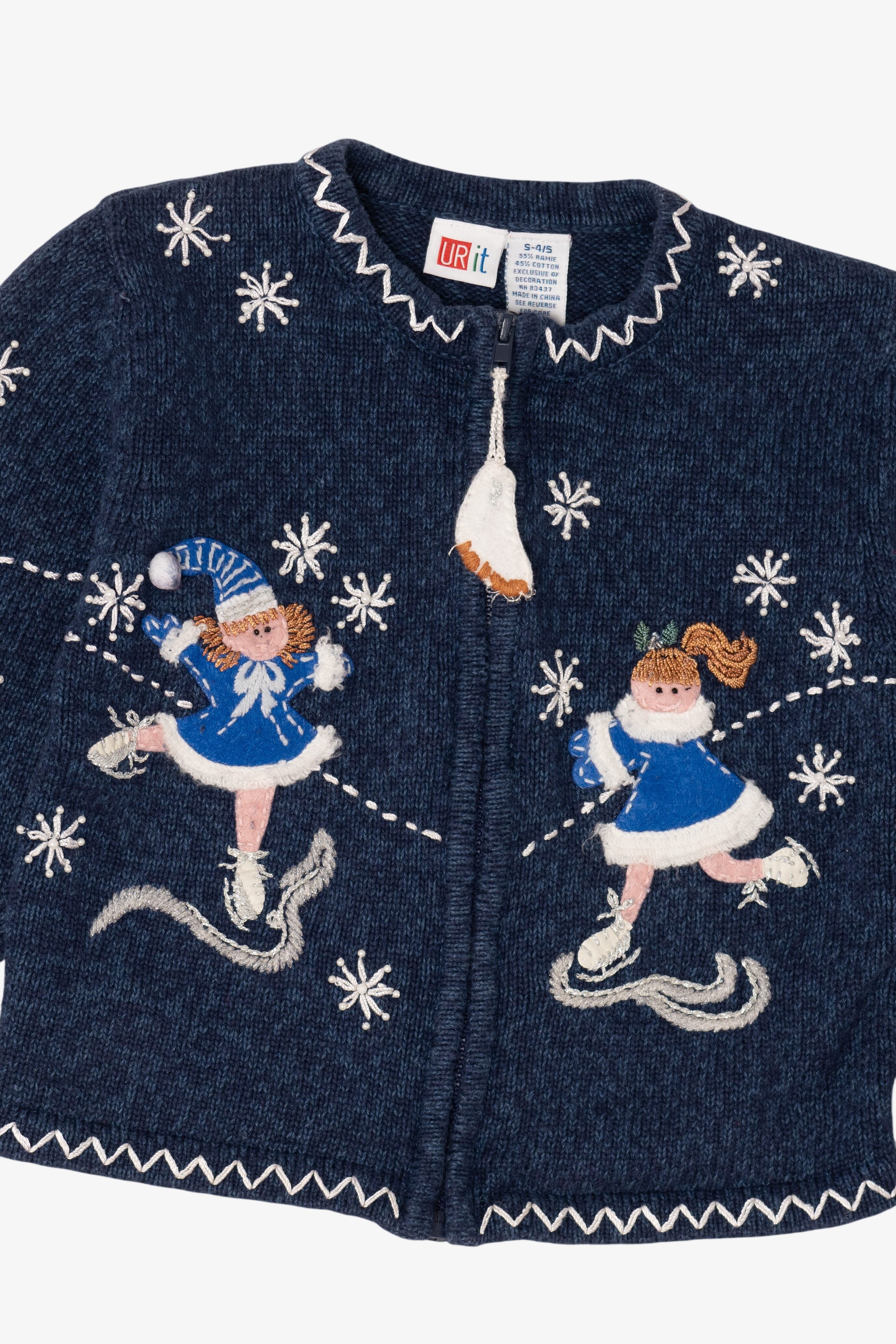 Vintage Kids Navy Blue UR It Ice Skating Ugly Christmas Cardigan (1990s)