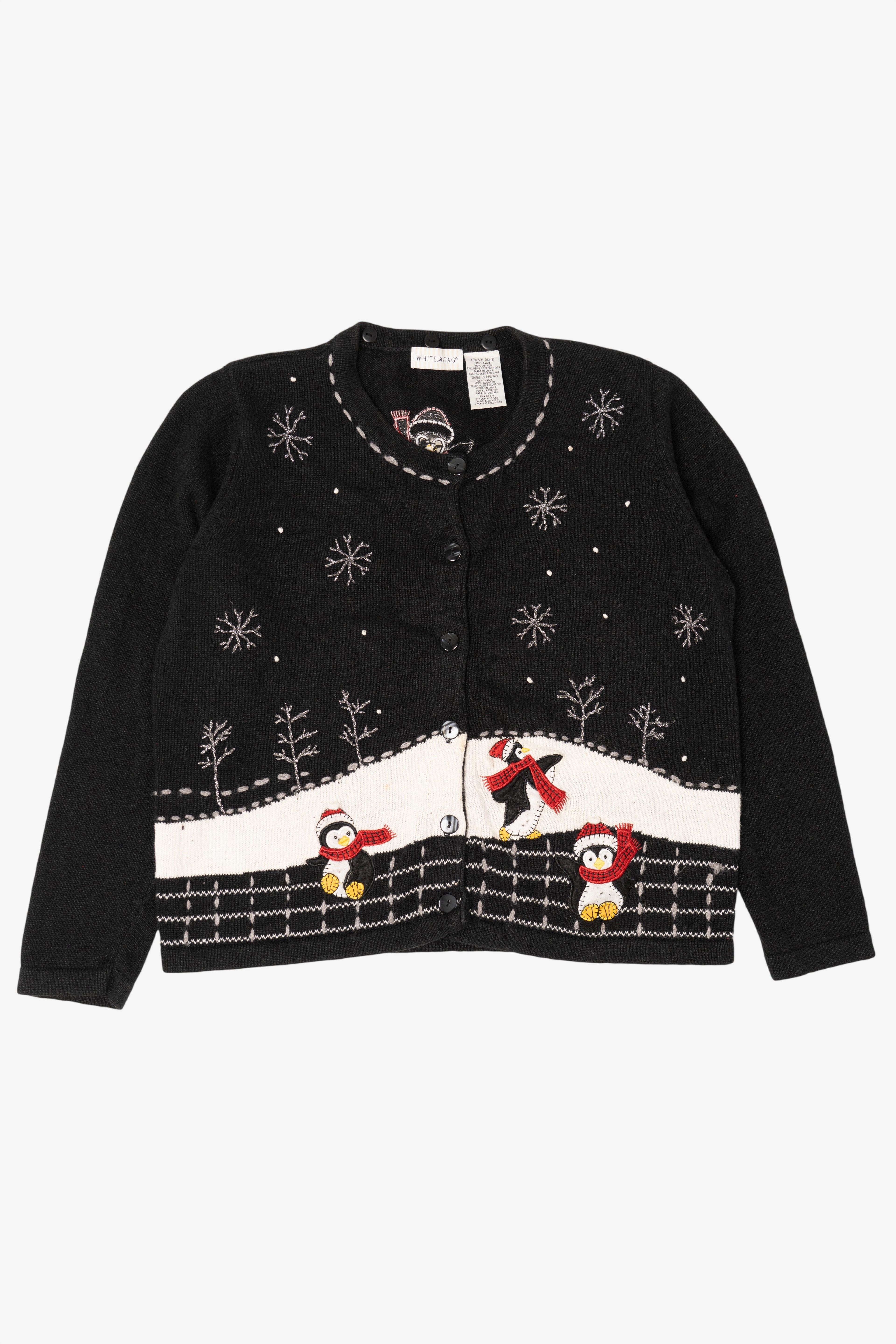 Vintage Black White Stag Penguins Ugly Christmas Cardigan (1990s)