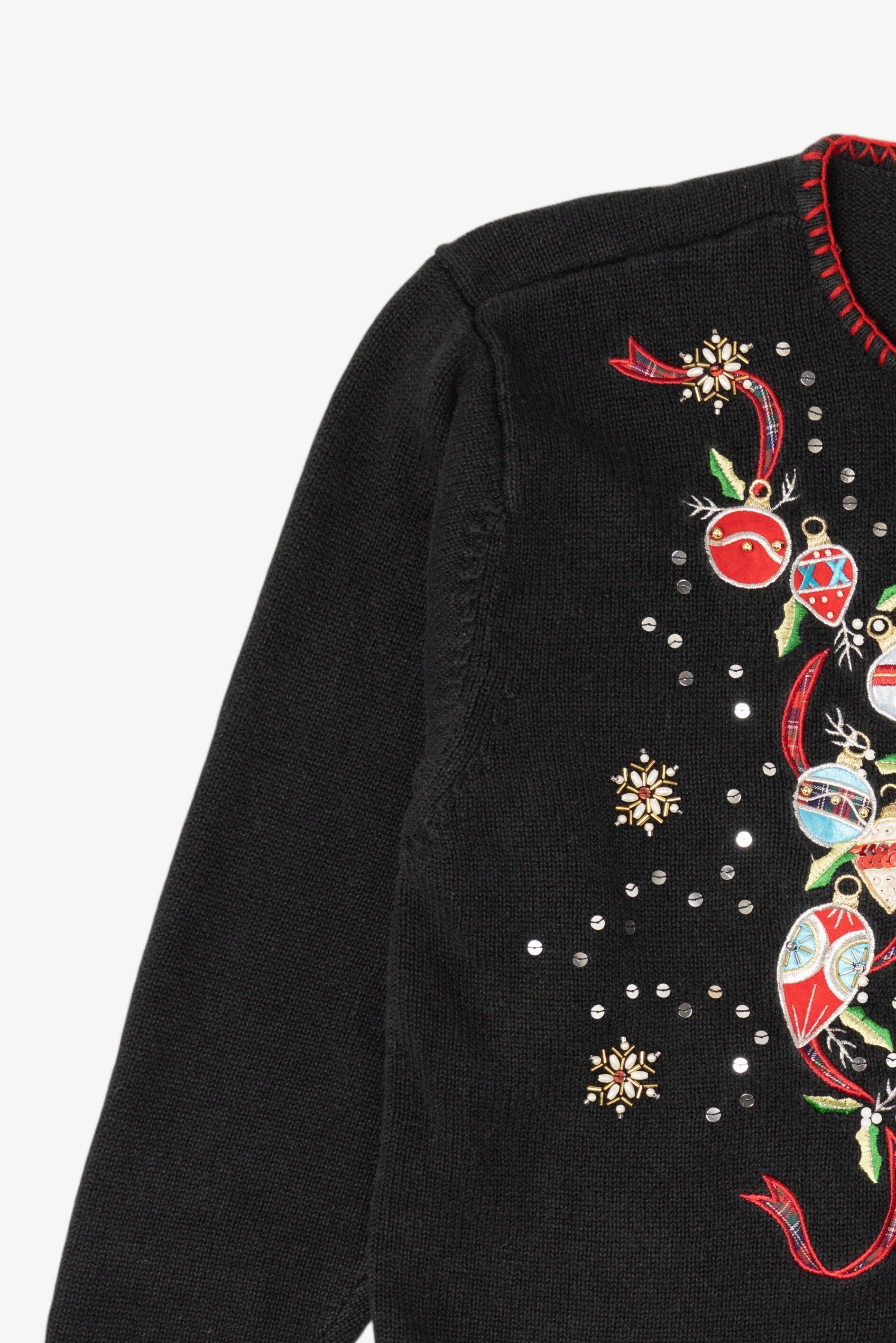 Vintage Black Crystal Kobe Ornaments Ugly Christmas Cardigan (1990s)