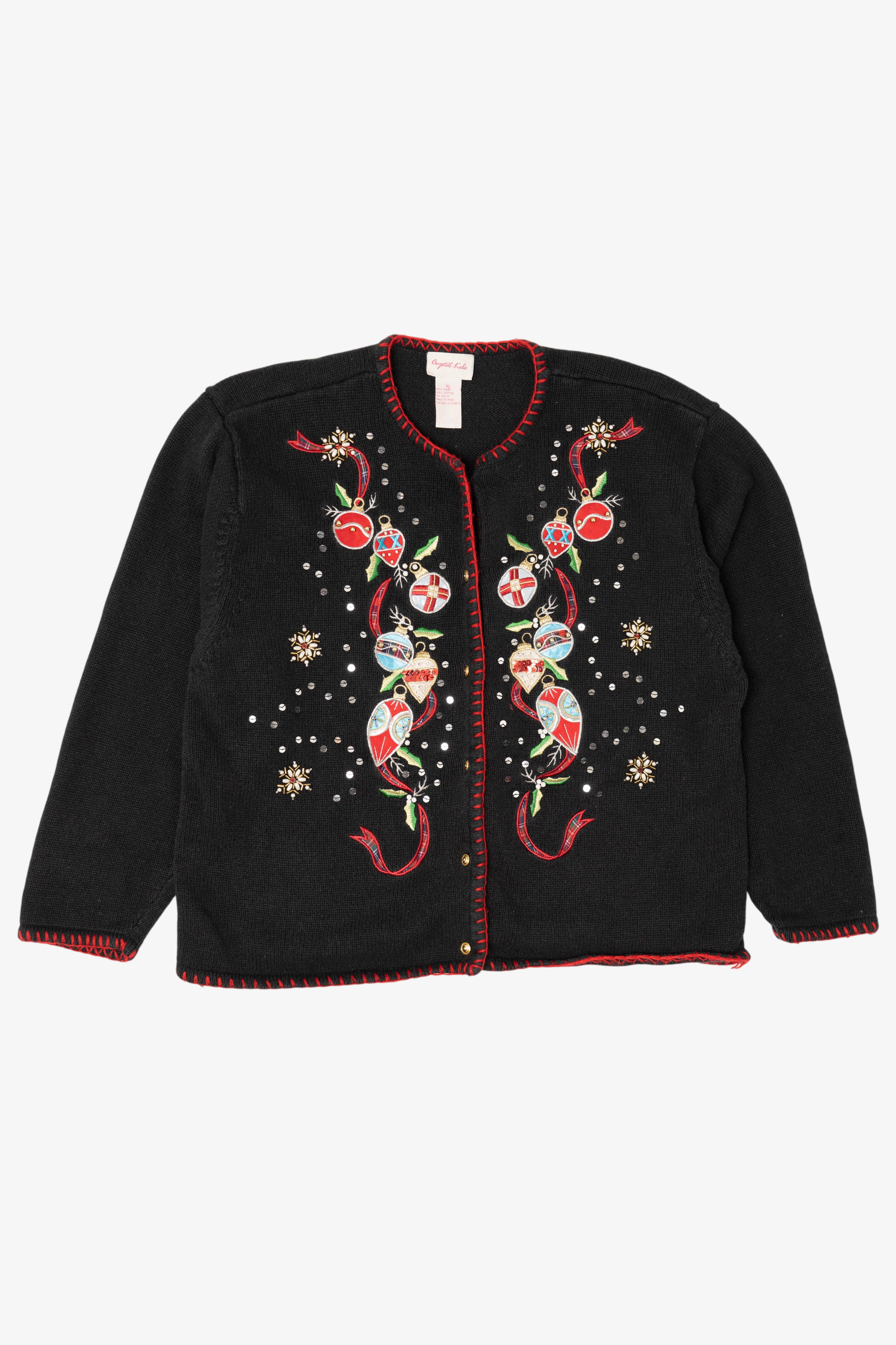 Vintage Black Crystal Kobe Ornaments Ugly Christmas Cardigan (1990s)