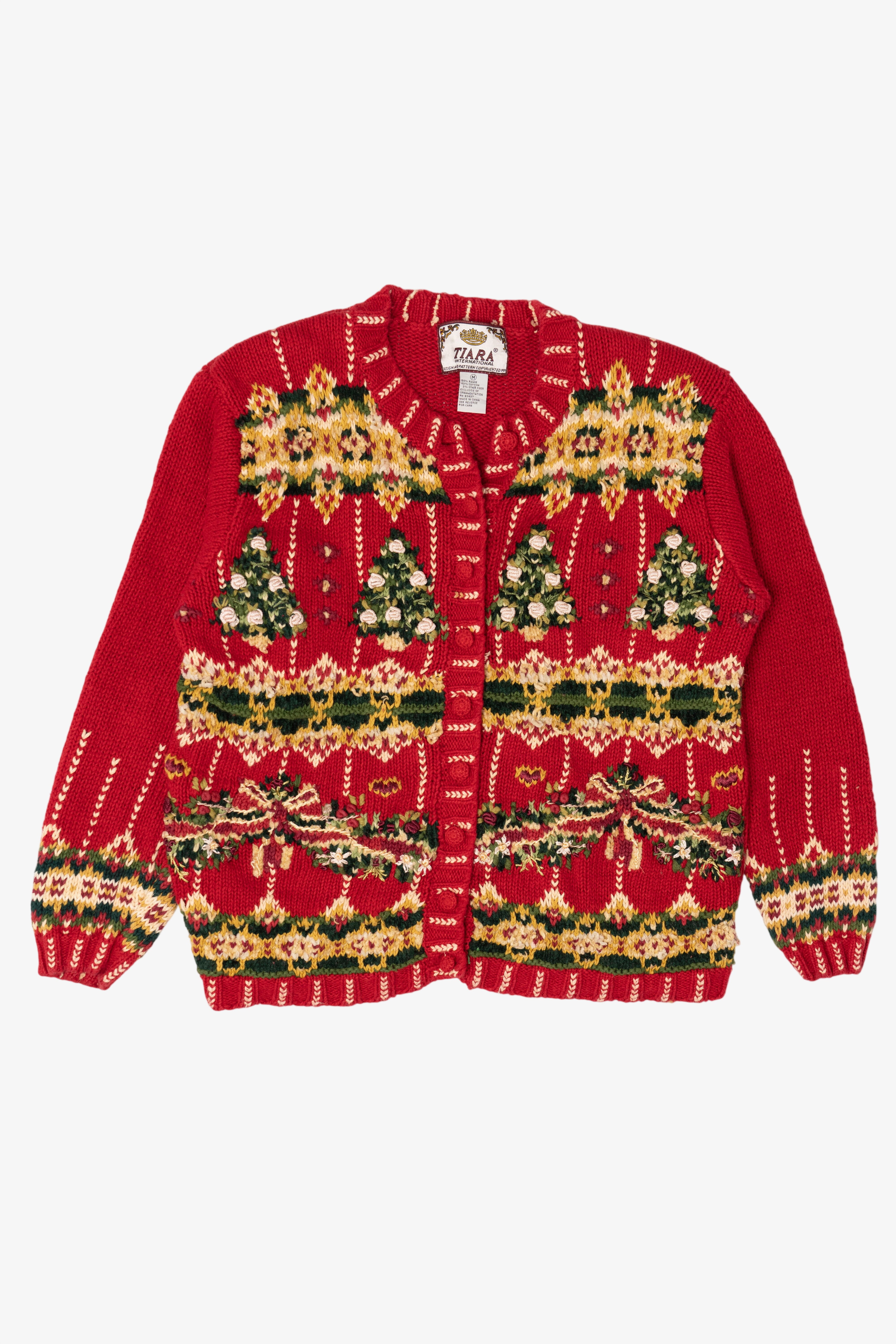Vintage Red Tiara Trees Ugly Christmas Cardigan (1990s)