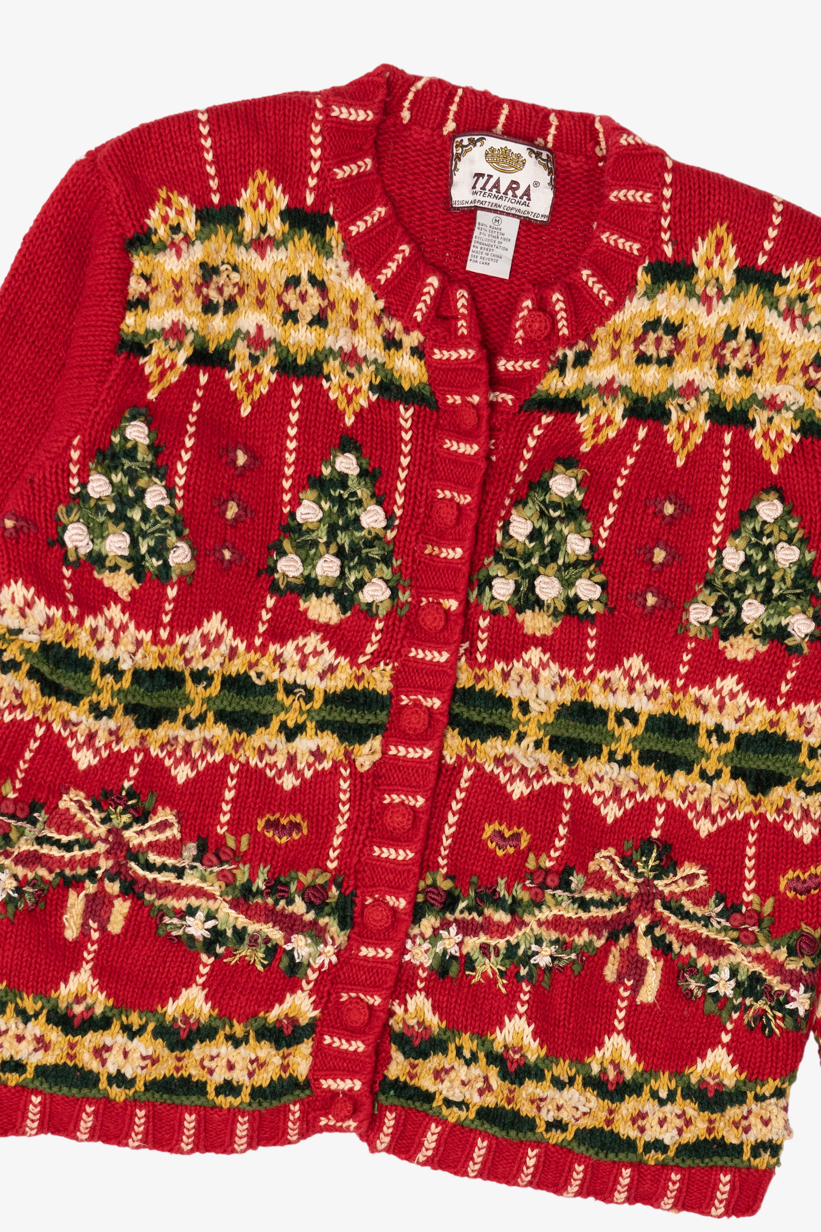 Vintage Red Tiara Trees Ugly Christmas Cardigan (1990s)