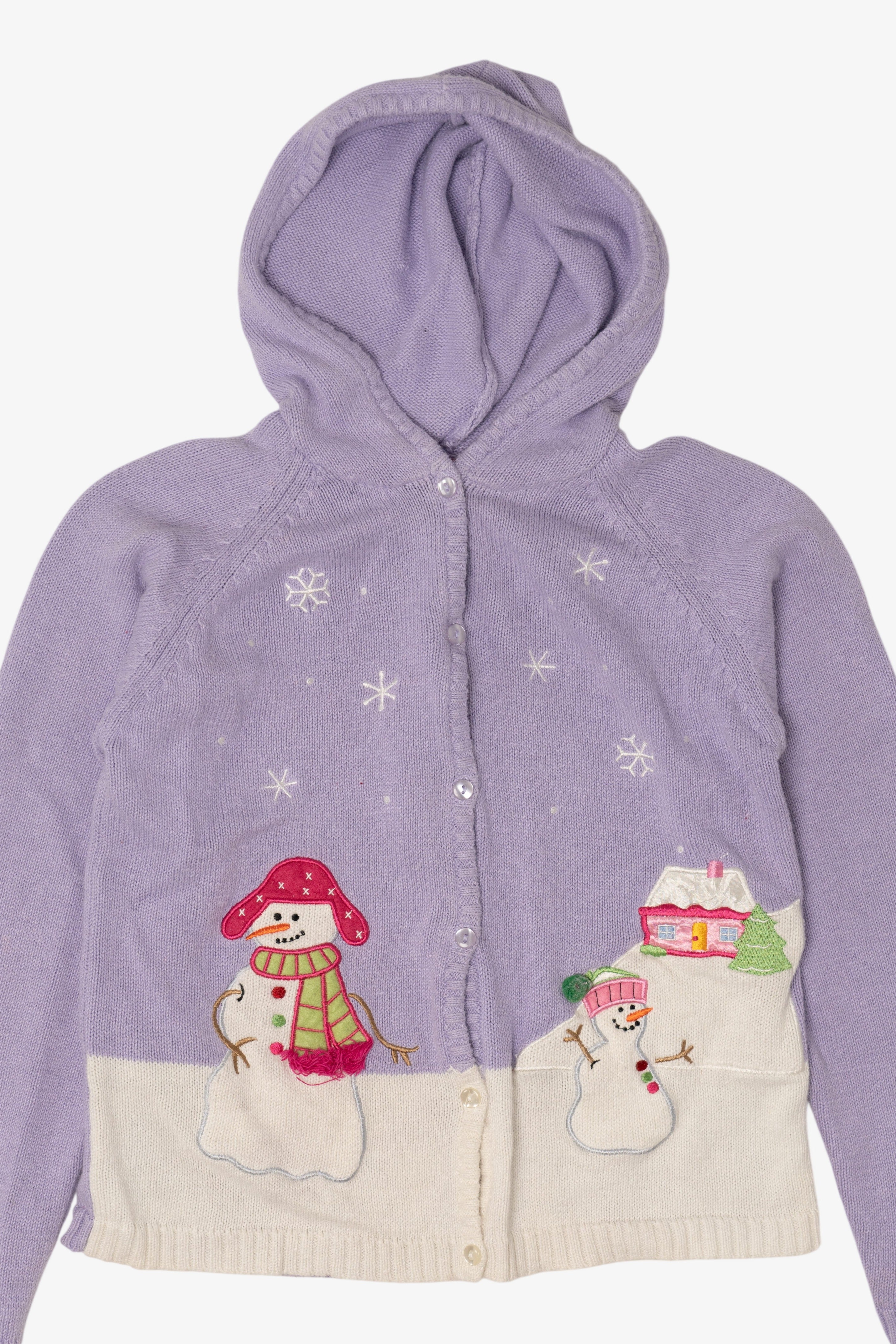 Vintage Kids Lavender Snowmen Hooded Ugly Christmas Cardigan (2000s)