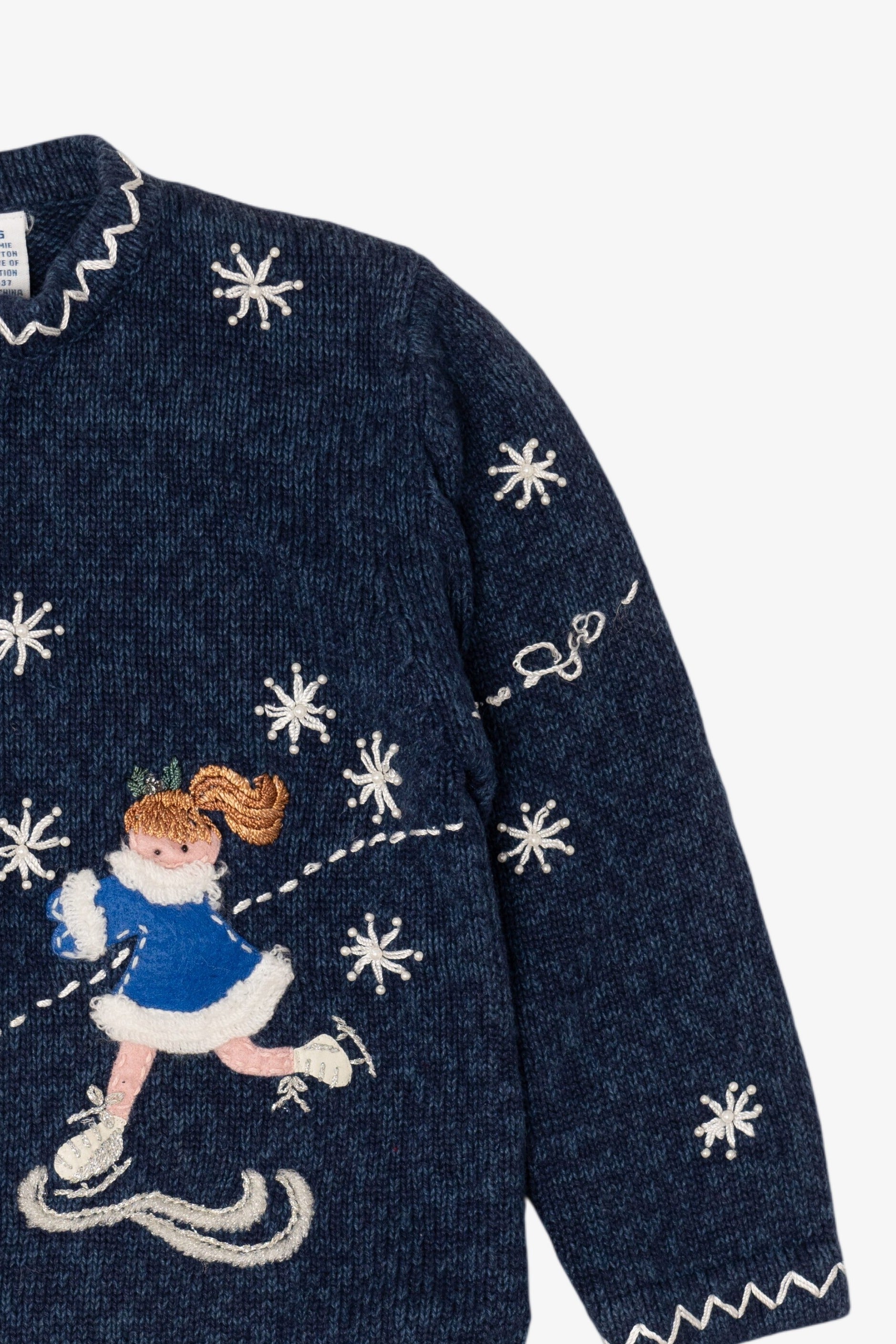 Vintage Kids Blue Girls Ice Skating Ugly Christmas Cardigan (1990s)