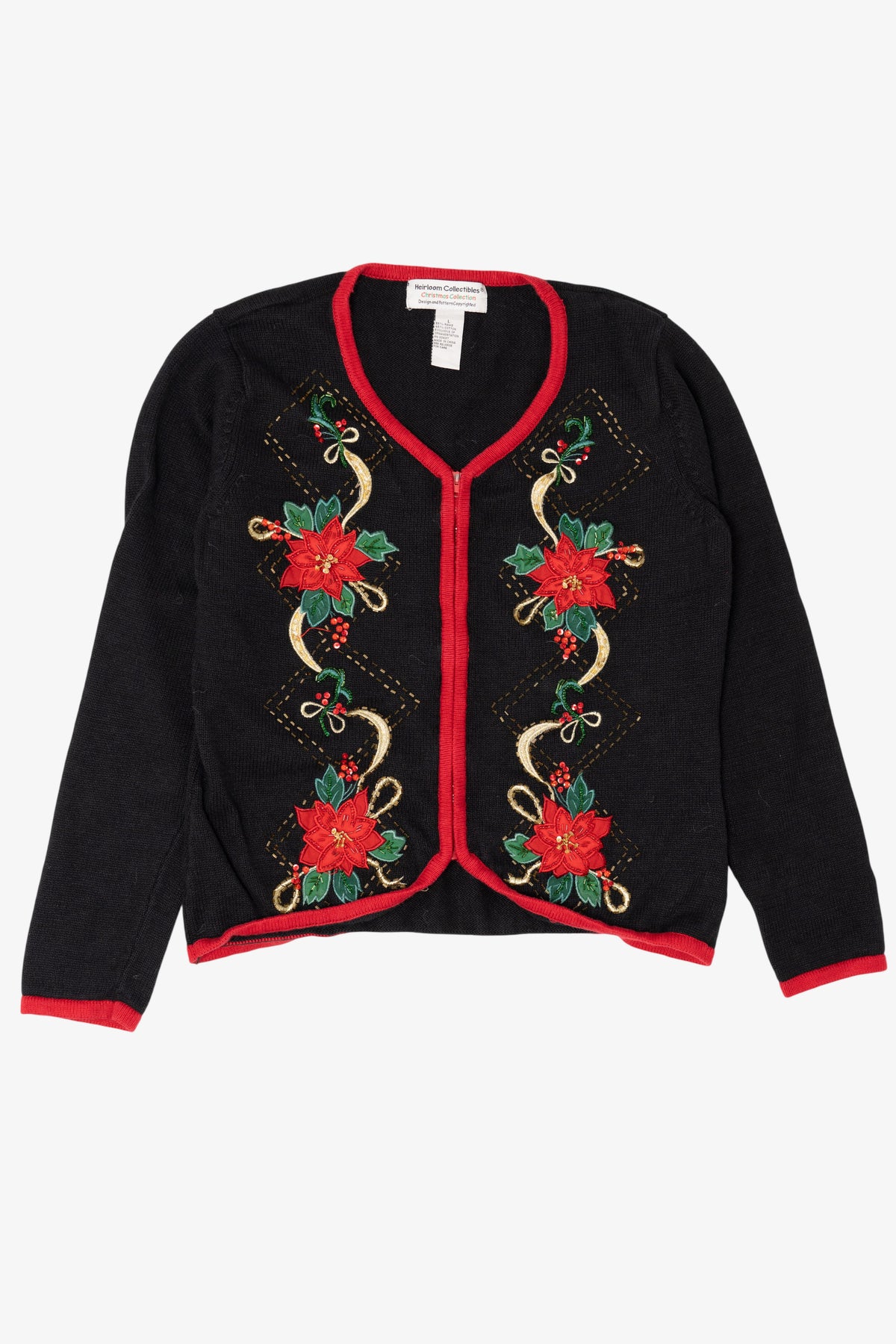 Vintage Black Heirloom Collectible Poinsettias Ugly Christmas Cardigan (2000s)