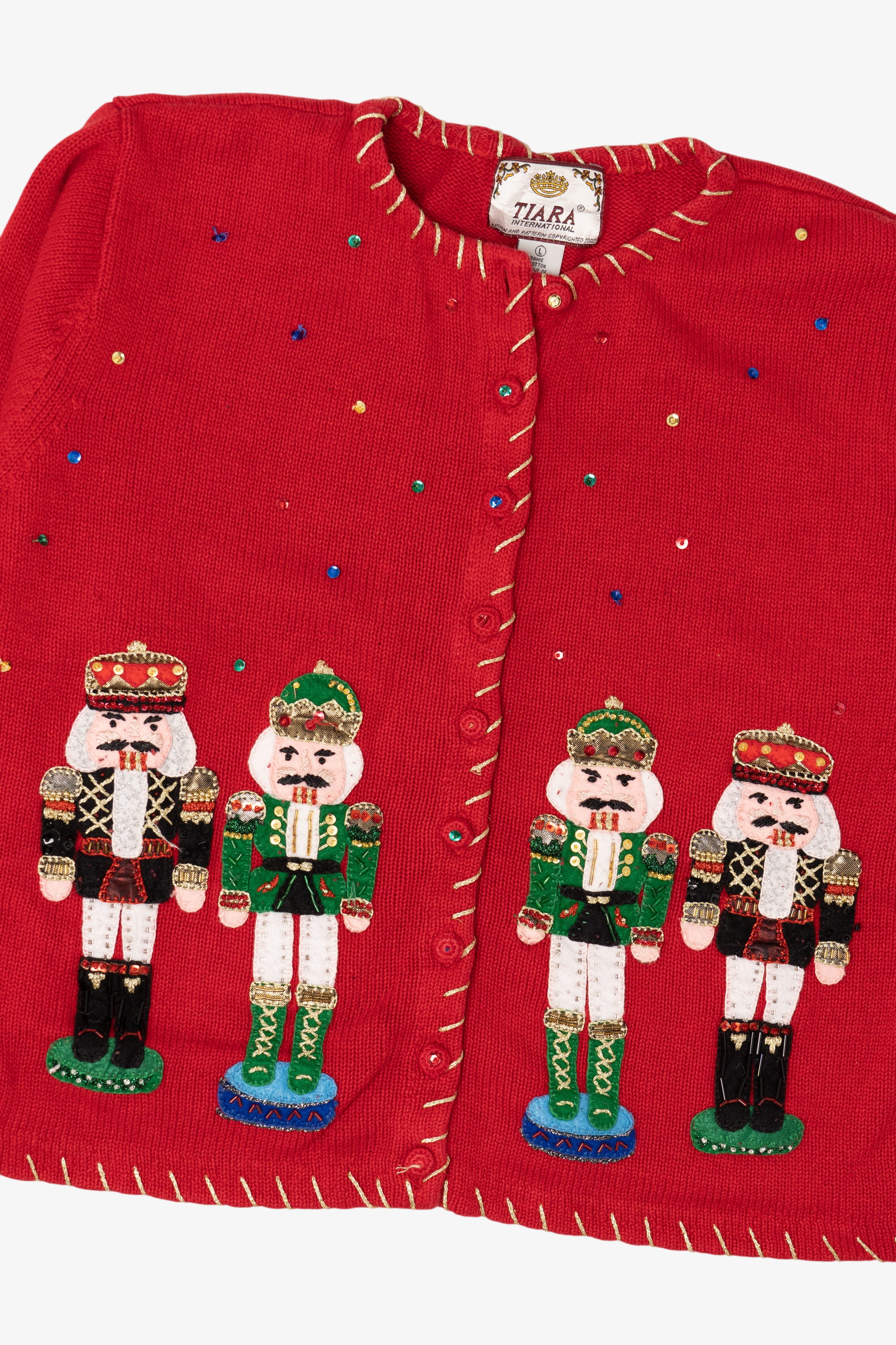 Vintage Red Tiara Nutcrackers Ugly Christmas Cardigan (2000s)
