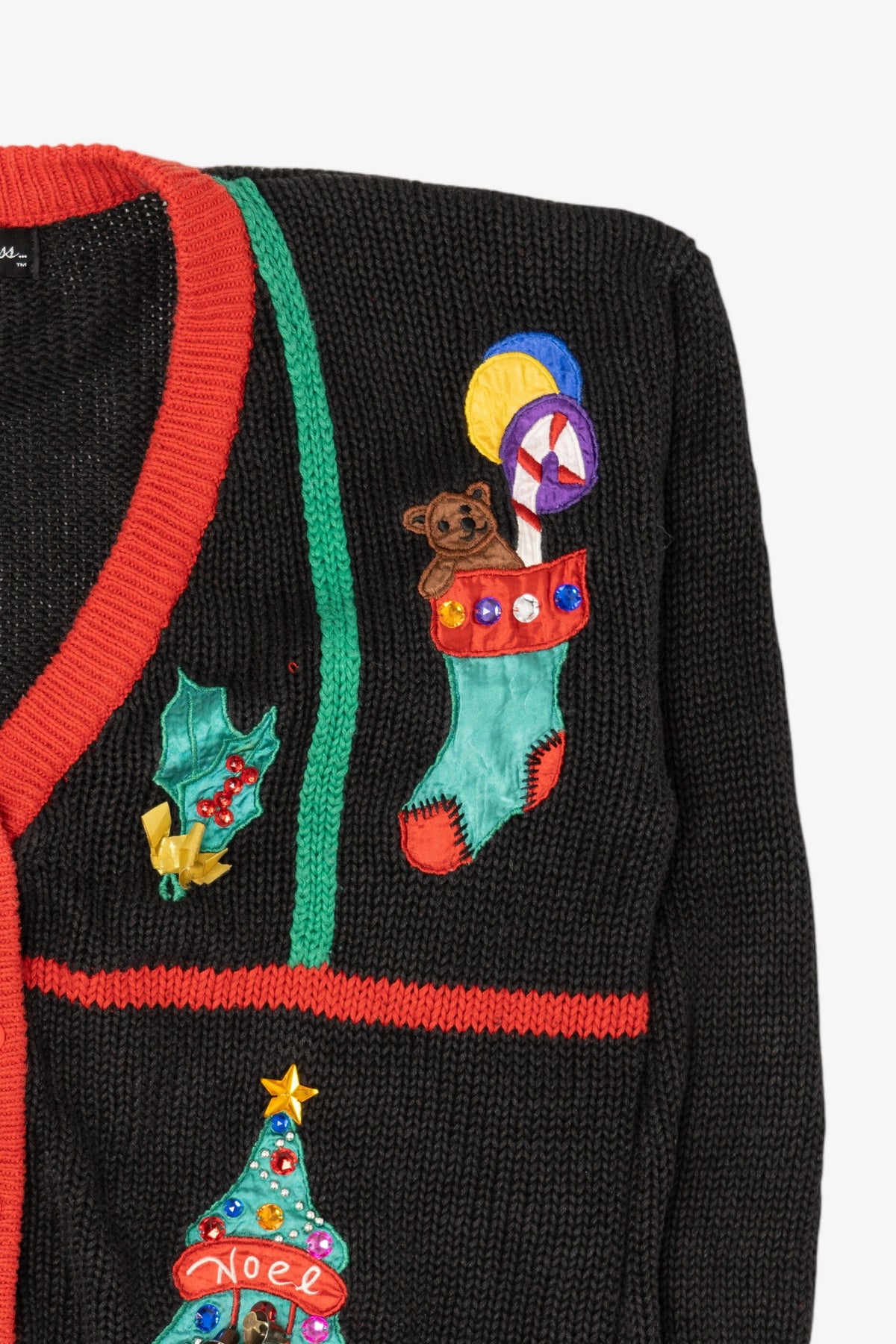Vintage Black Work in Porgress Ugly Christmas Cardigan (1990s)
