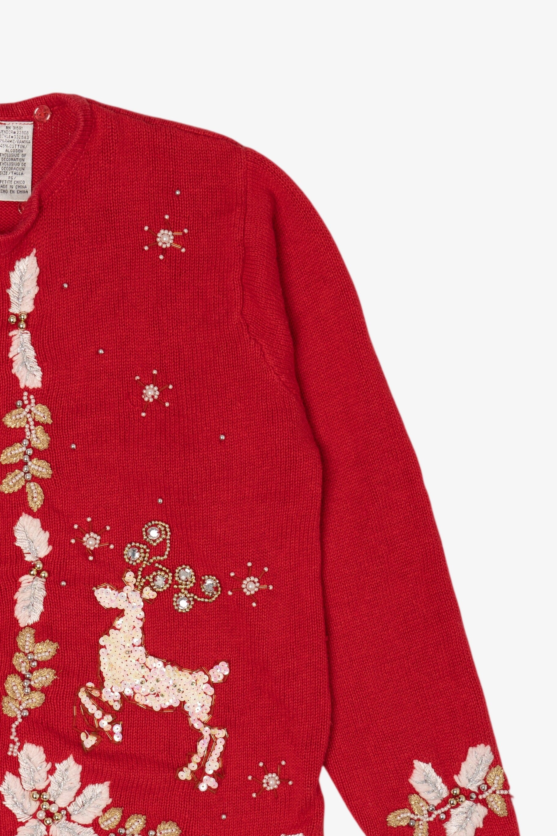 Vintage Red Victoria Jones Reindeer Ugly Christmas Cardigan (1990s)