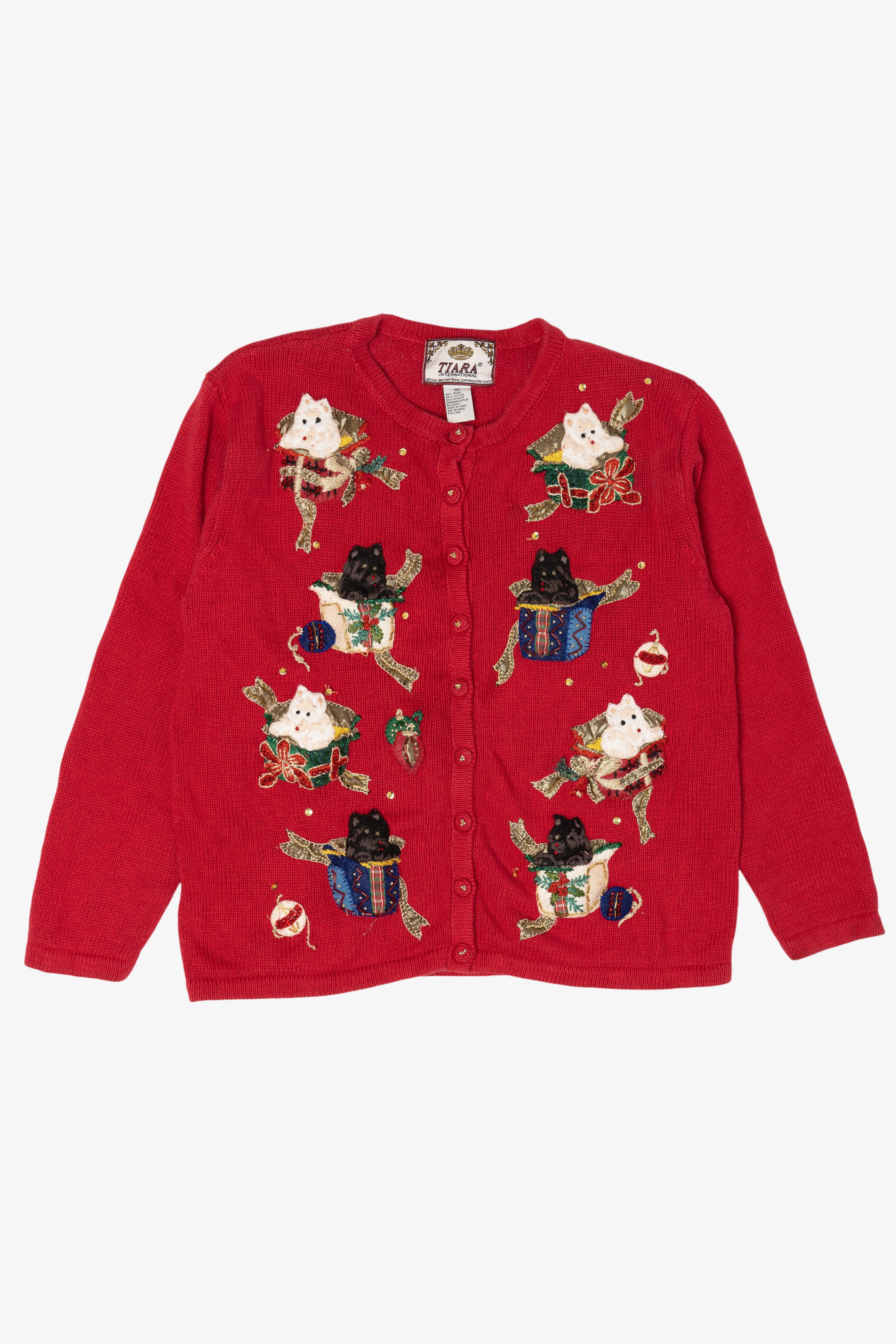 Vintage Red Tiara Dogs Ugly Christmas Cardigan (2000s)