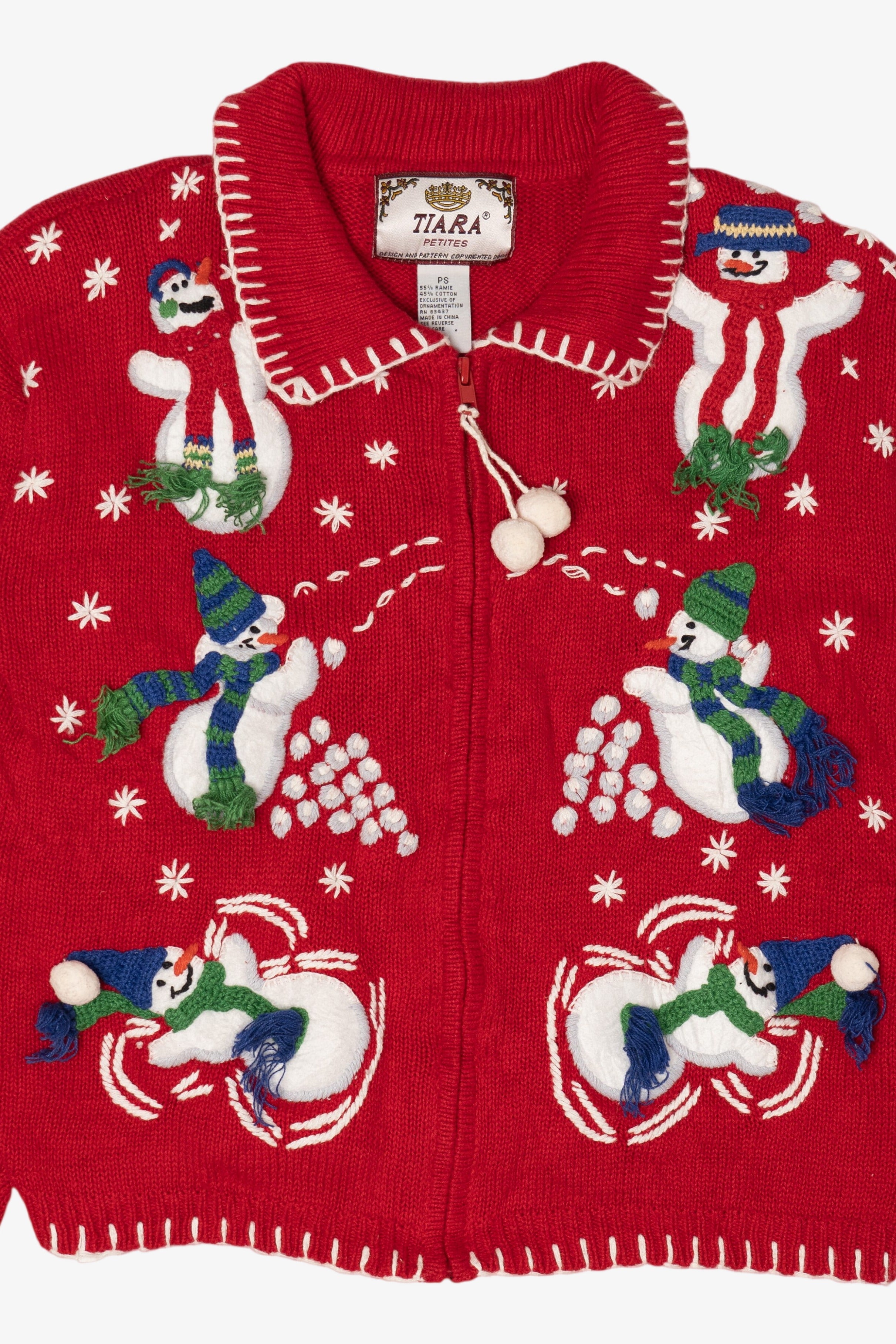 Vintage Red Tiara Snowmen Snowball Fight Ugly Christmas Cardigan (2000s)