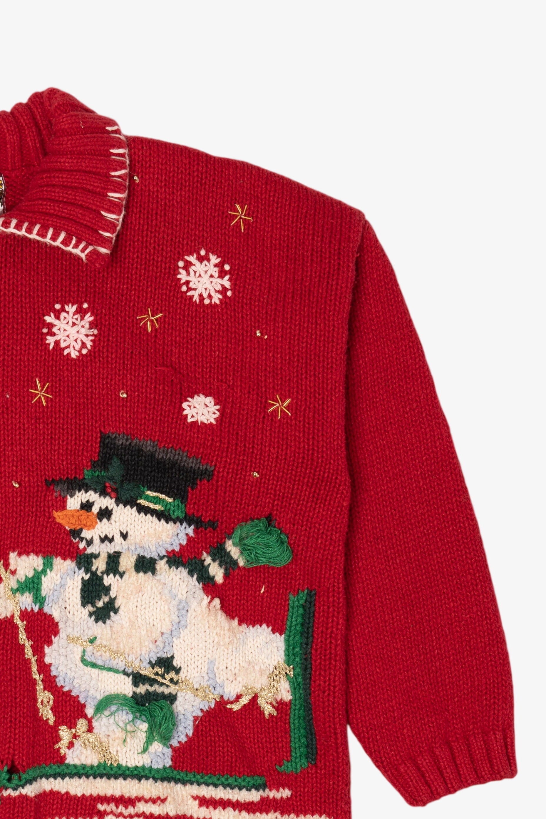 Vintage Red Tiara Snowmen Skiing Ugly Christmas Cardigan (1990s)