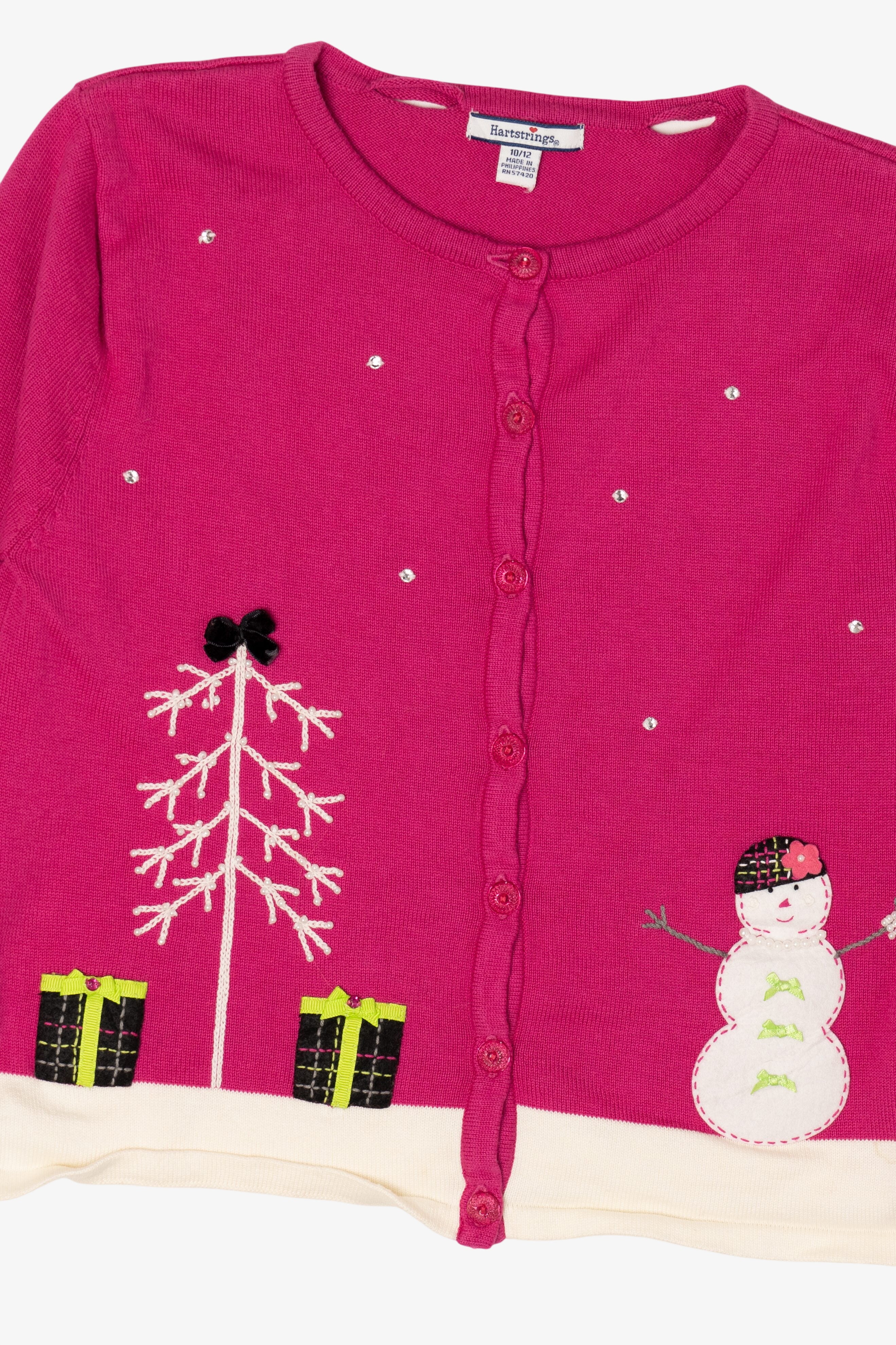 Kids Vintage Magenta Hartstrings Snowmen Ugly Christmas Cardigan (2000s)