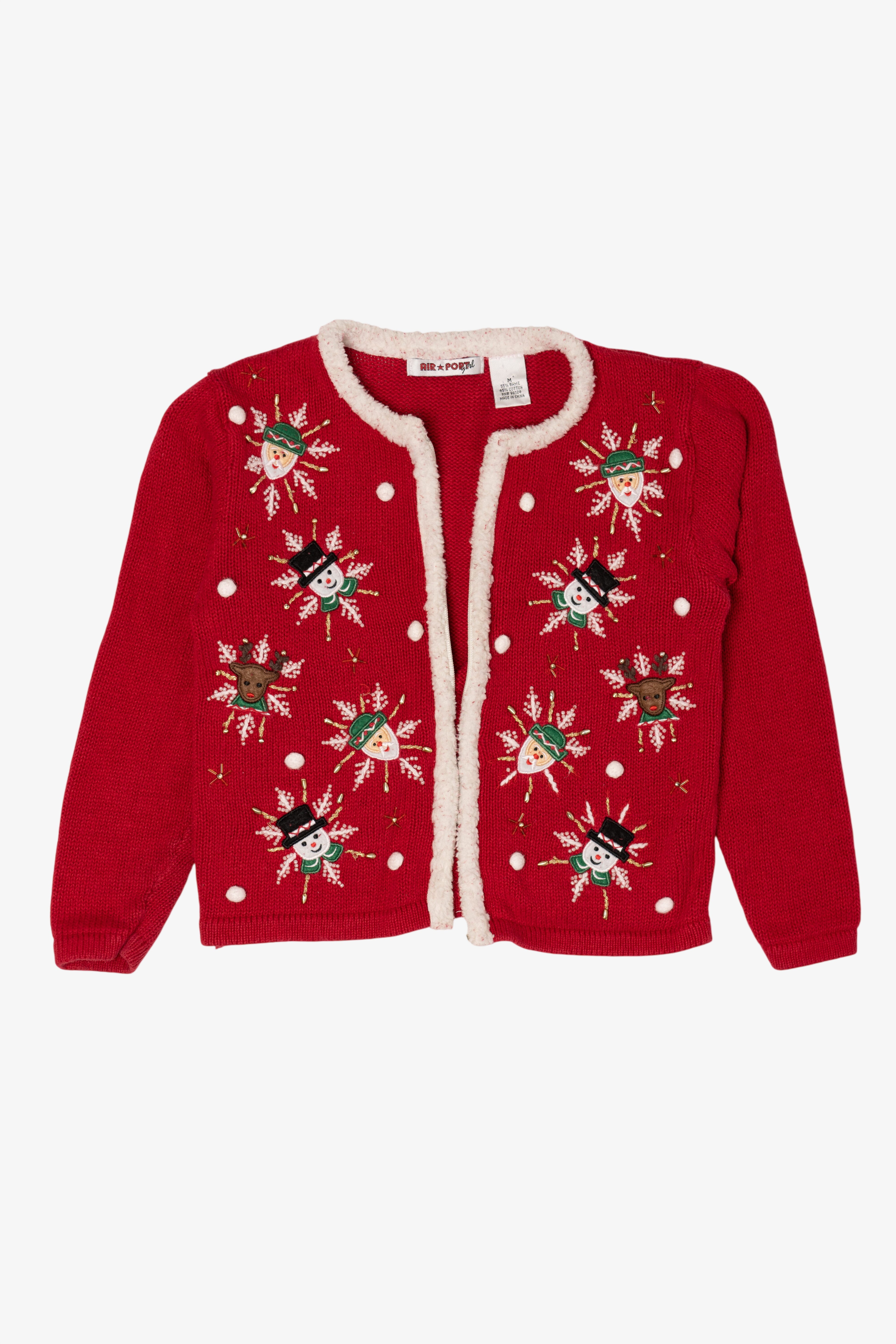 Kids Vintage Red Air Port Snowmen Ugly Christmas Cardigan (2000s)