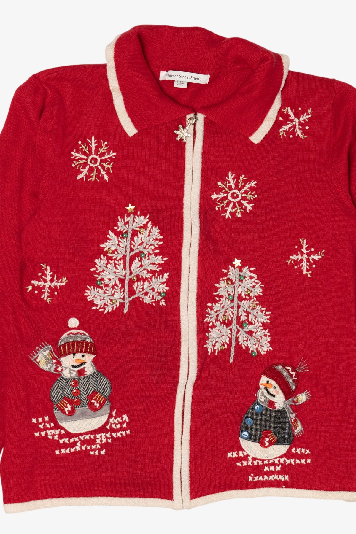 Vintage Red Mercer Street Station Snowmen Ugly Christmas Cardigan (2000s)