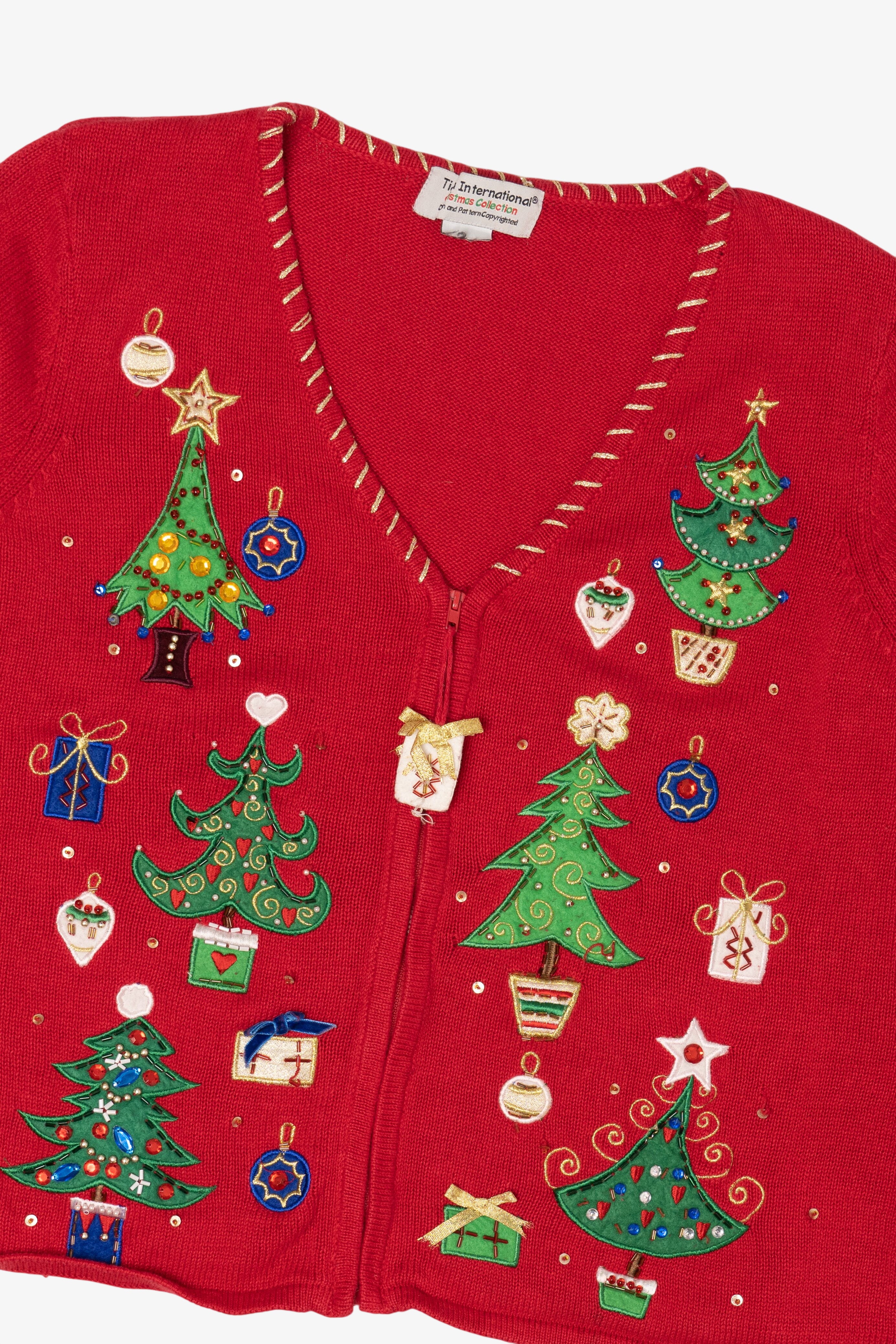 Vintage Red Tiara Trees Ugly Christmas Cardigan (2000s)