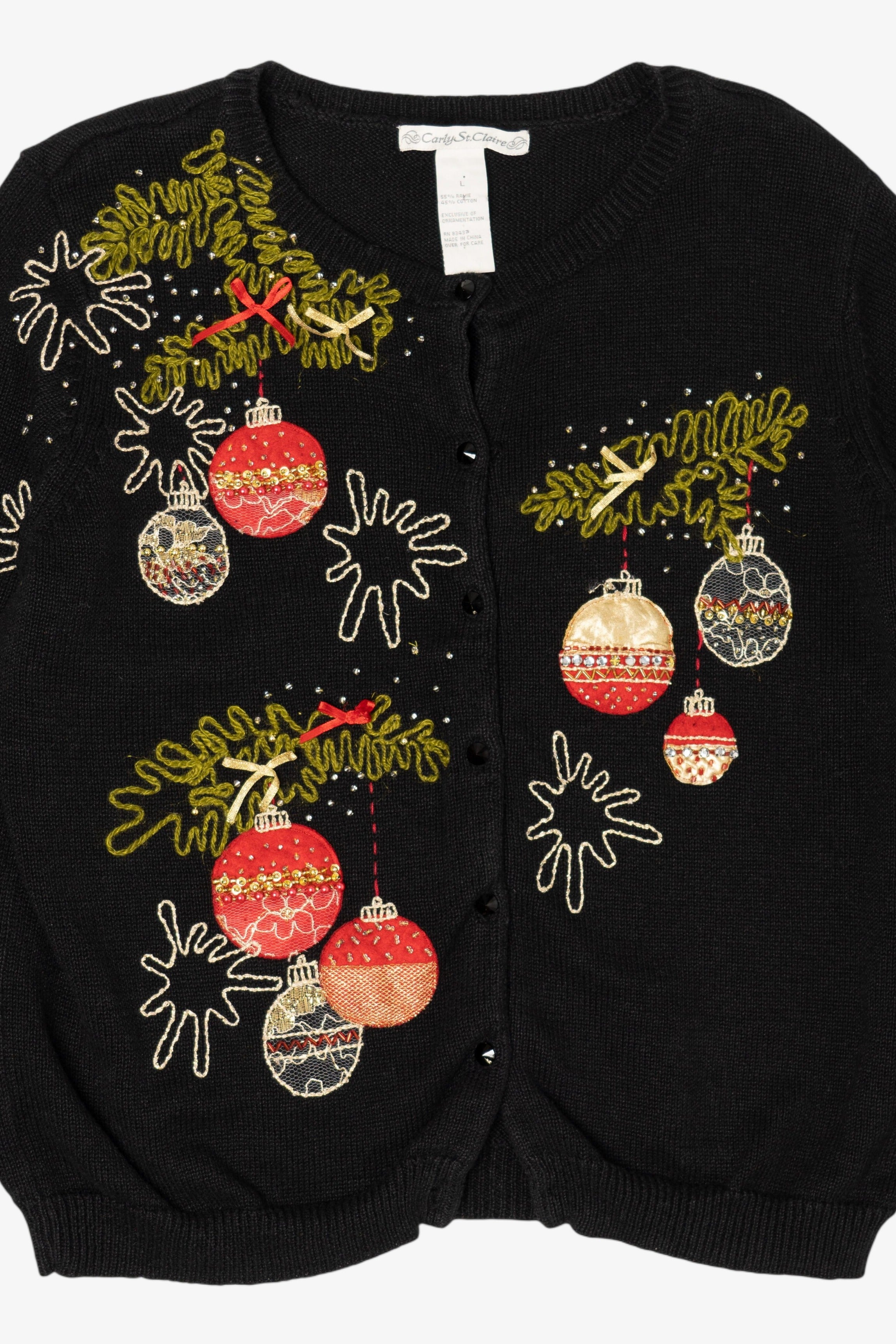 Vintage Black Carly St. Claire Ornaments Ugly Christmas Cardigan (1990s)