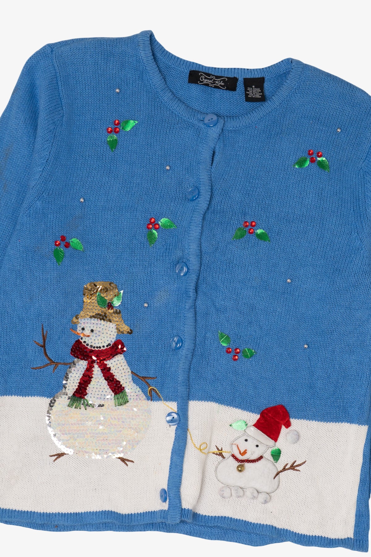 Vintage Blue Crystal Kobe Snowmen Ugly Christmas Cardigan (2000s)