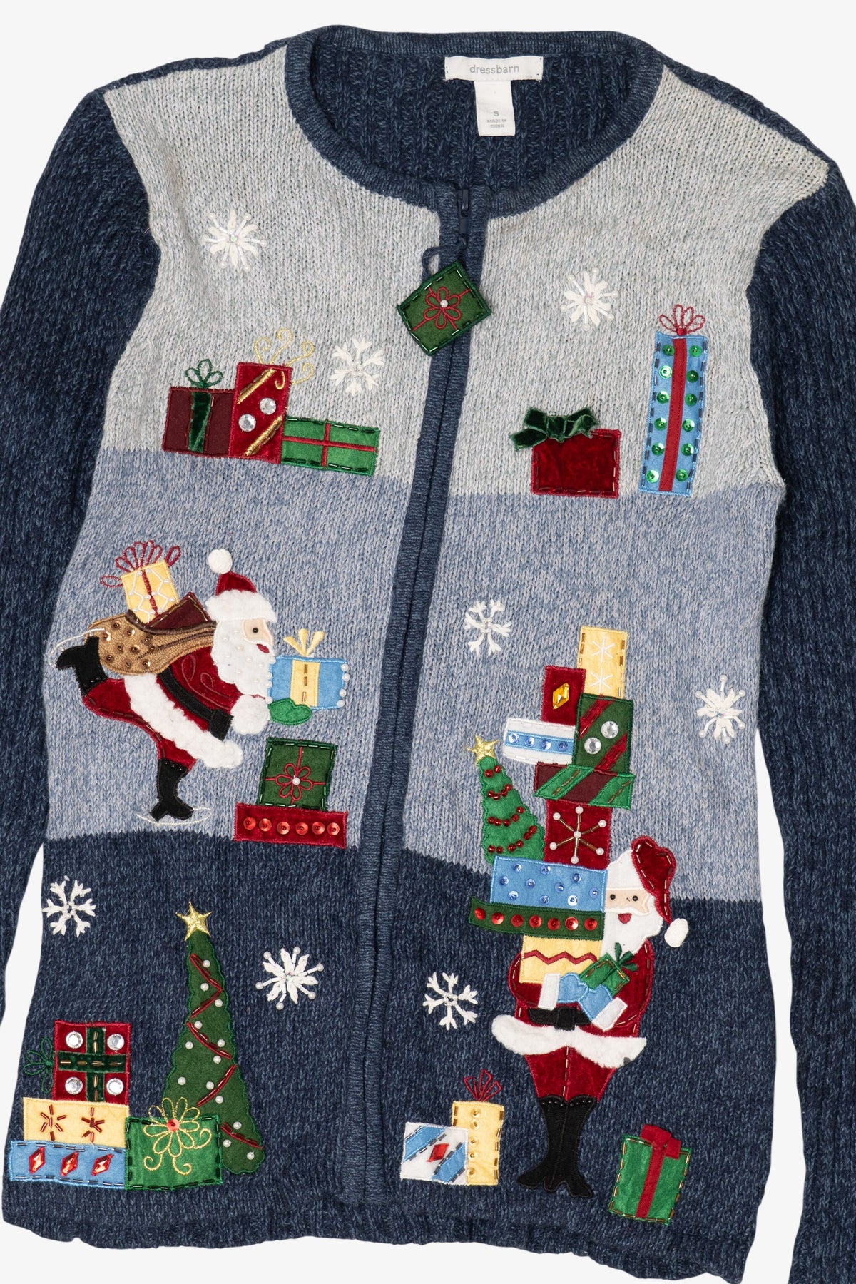 Vintage Navy Blue Dressbarn Santa Ugly Christmas Cardigan (1990s)
