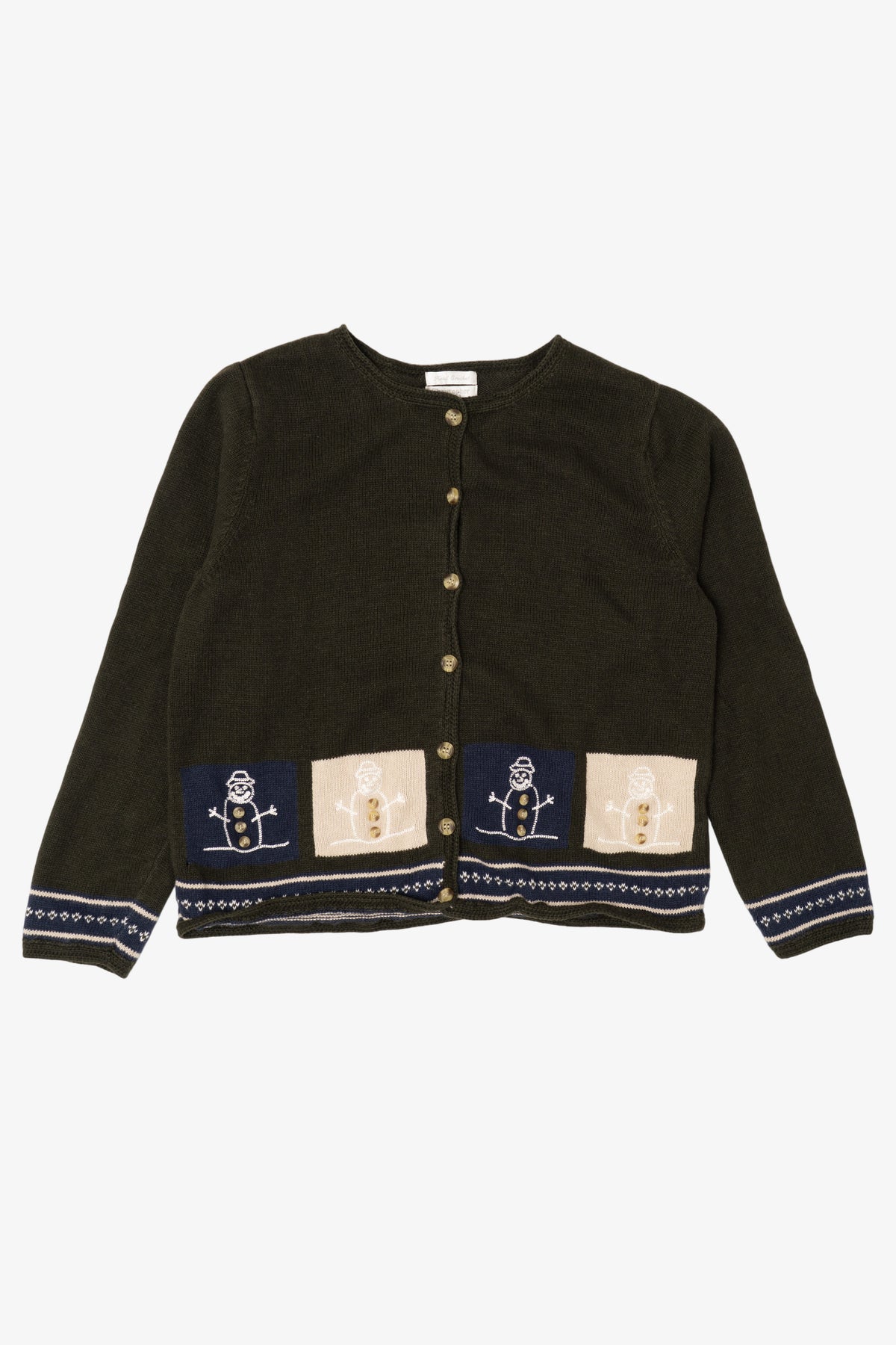 Vintage Hand Crochet Dark Green Christopher & Banks Snowmen Christmas Cardigan (1990s)