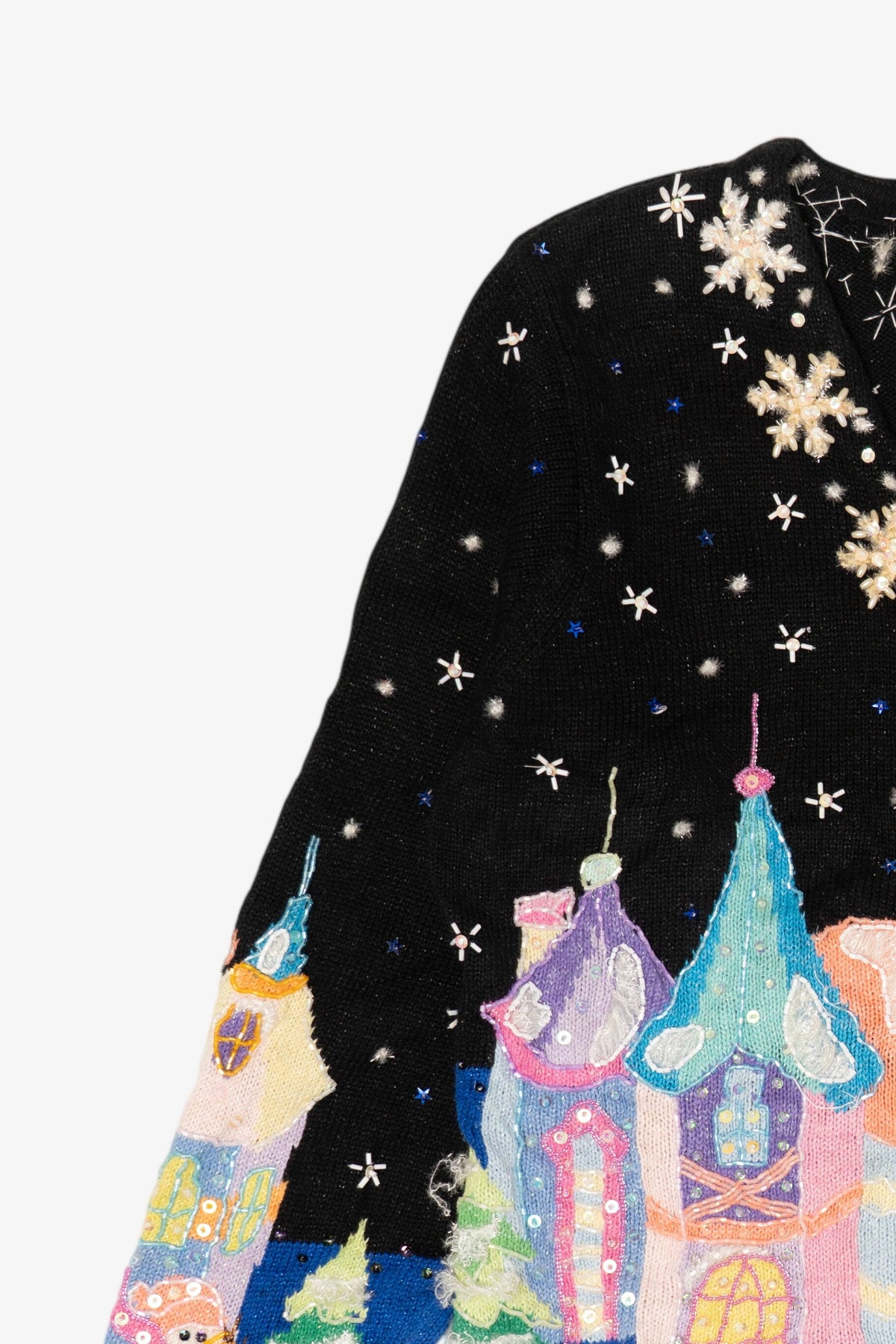 Vintage Black Winter Wonderland Town Scene Ugly Christmas Cardigan (1990s)