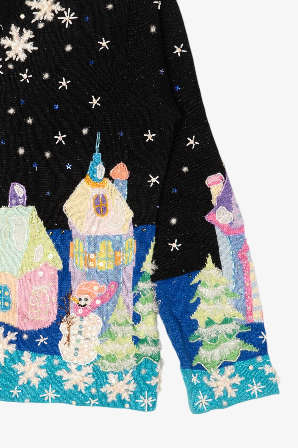 Vintage Black Winter Wonderland Town Scene Ugly Christmas Cardigan (1990s)