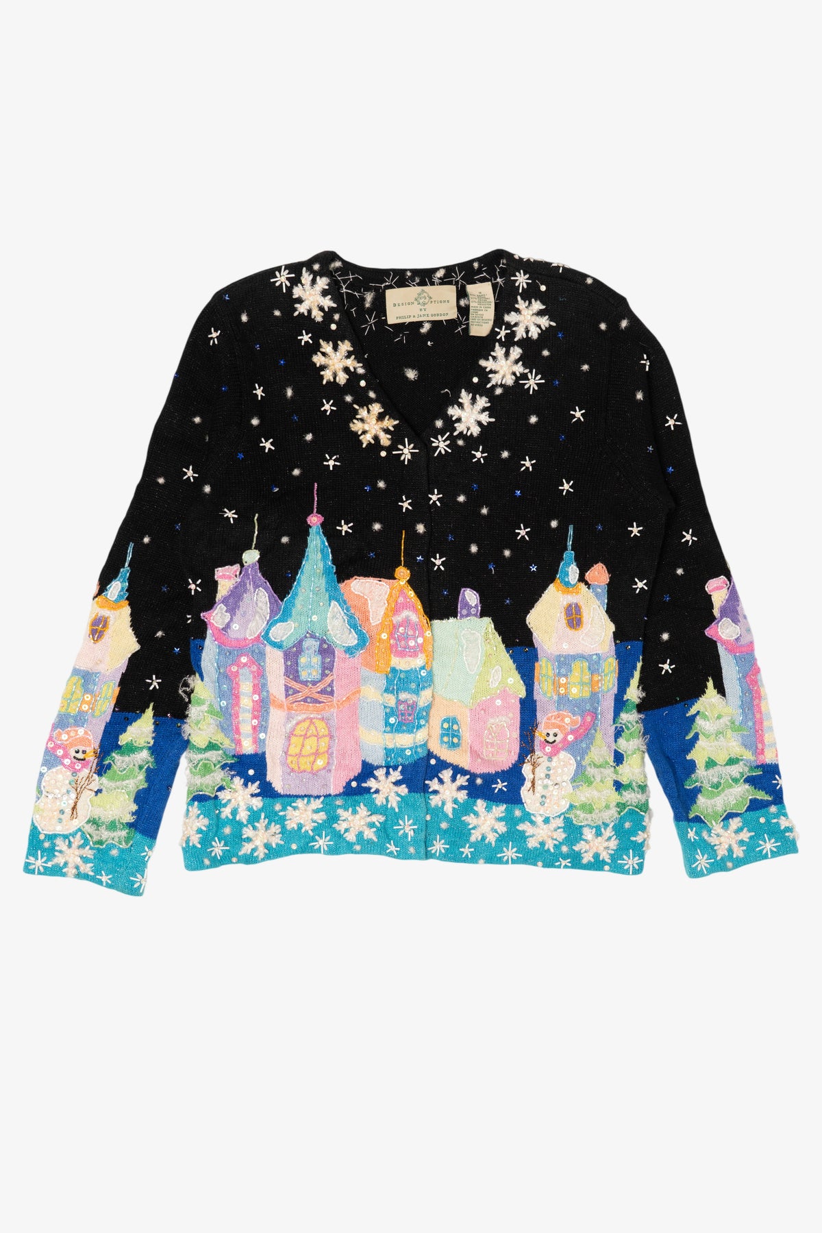 Vintage Black Winter Wonderland Town Scene Ugly Christmas Cardigan (1990s)