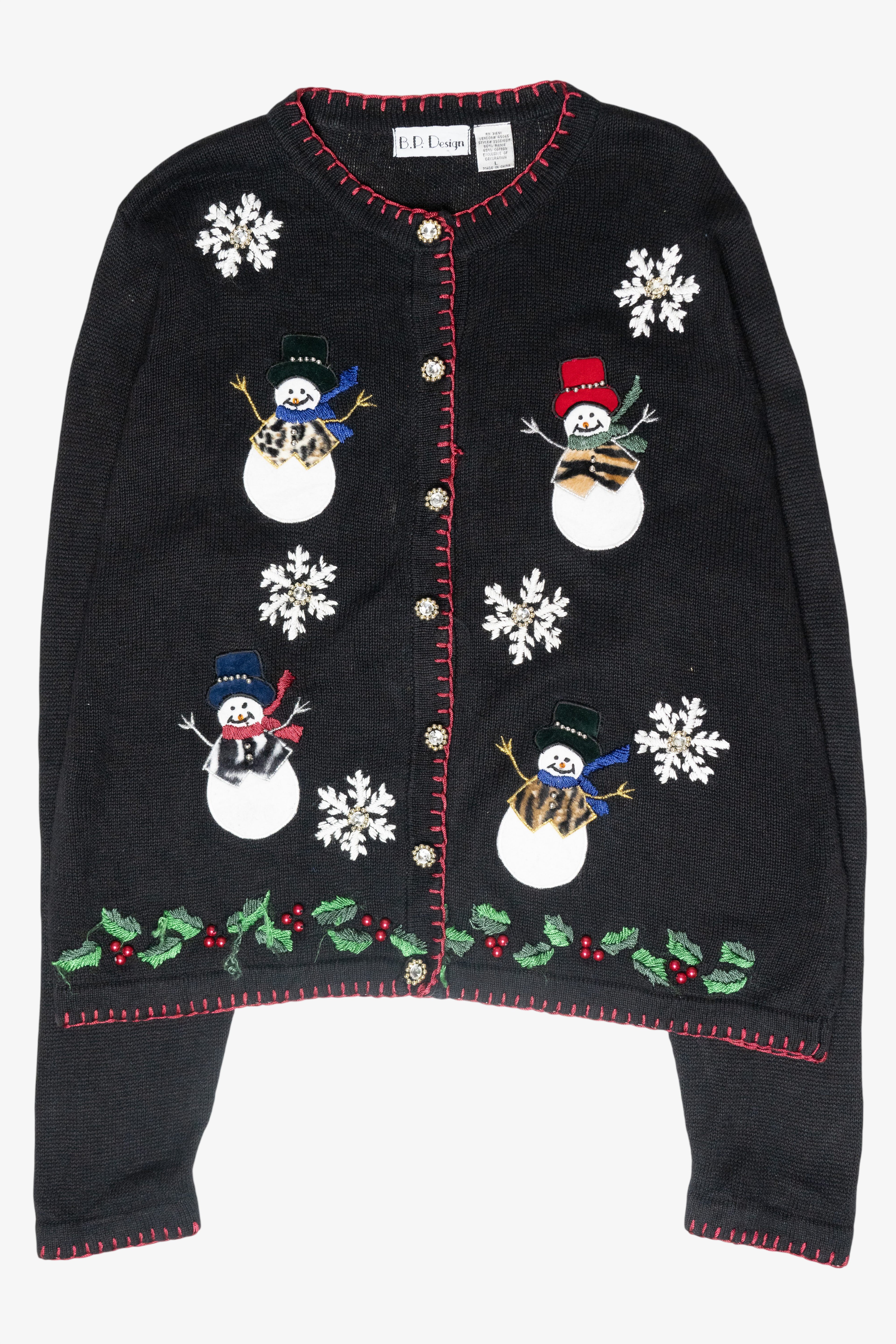 Animal Print Snowmen Vintage Ugly Christmas Cardigan (2000s)
