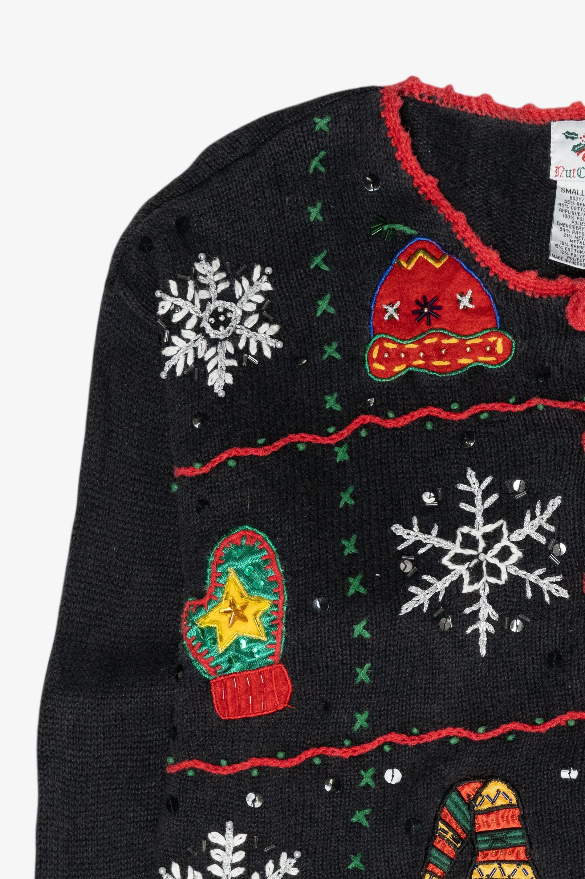 Hats and Mittens Crochet Trim Vintage Ugly Christmas Sweater (1990s)