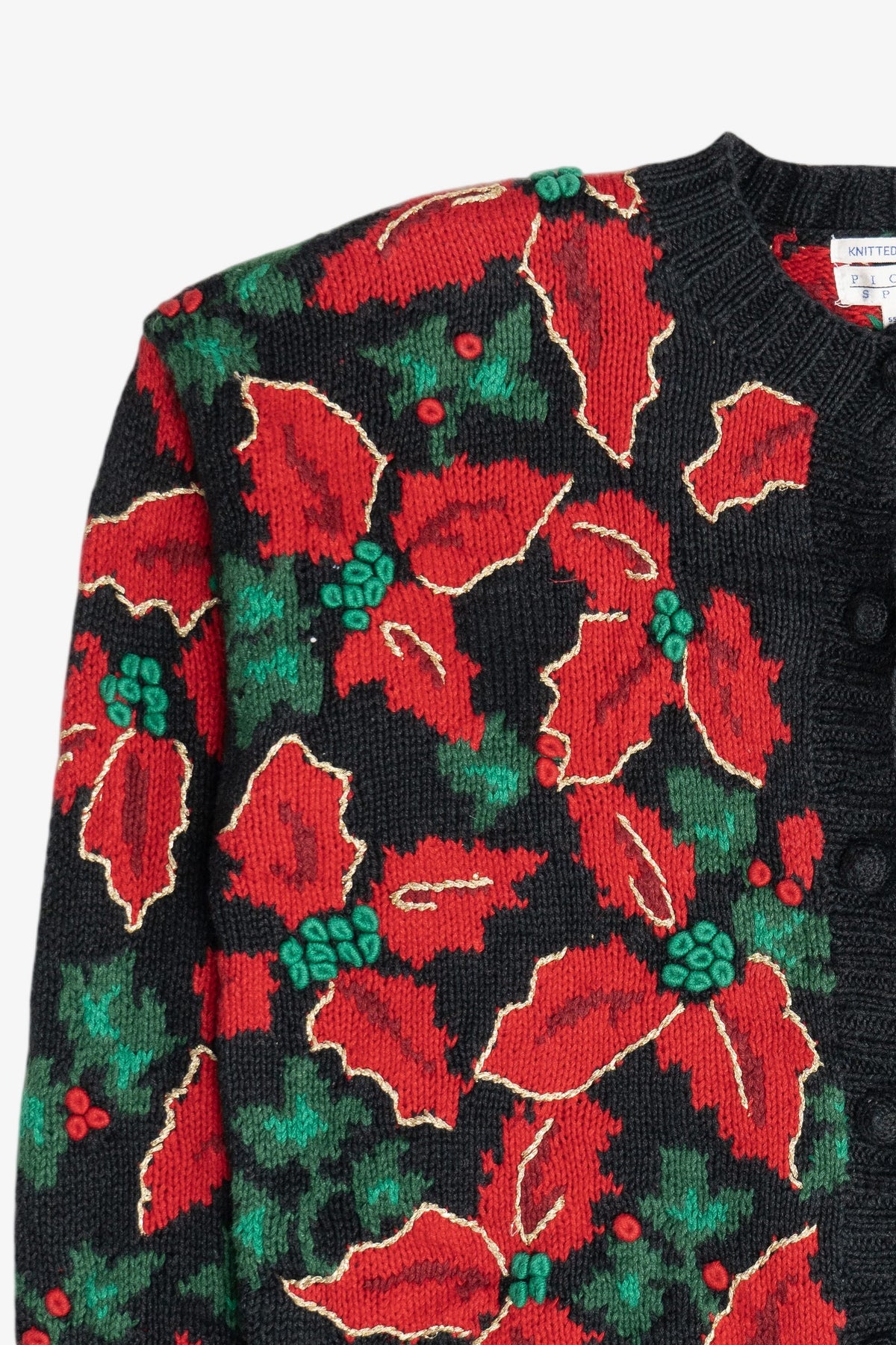 Vintage Hand Knit Poinsettia Ugly Christmas Sweater (1990s)