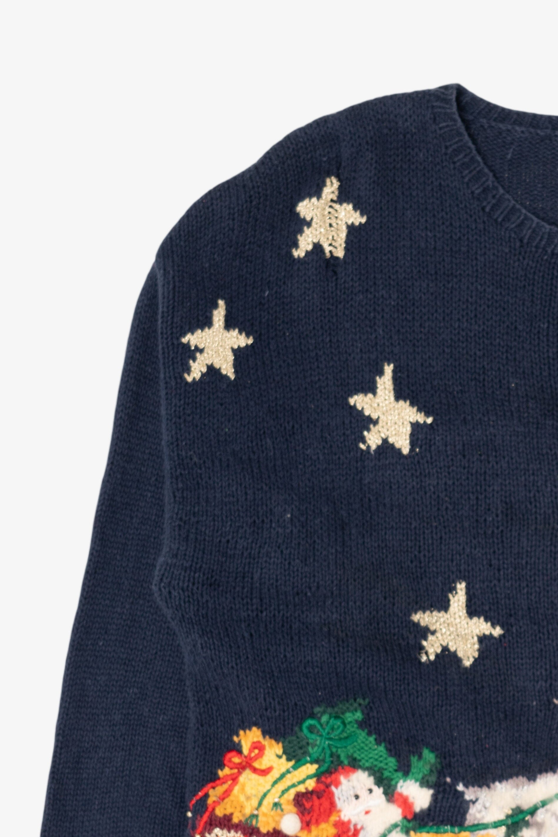 Vintage Navy Blue Santa Flying Ugly Christmas Pullover (1990s)