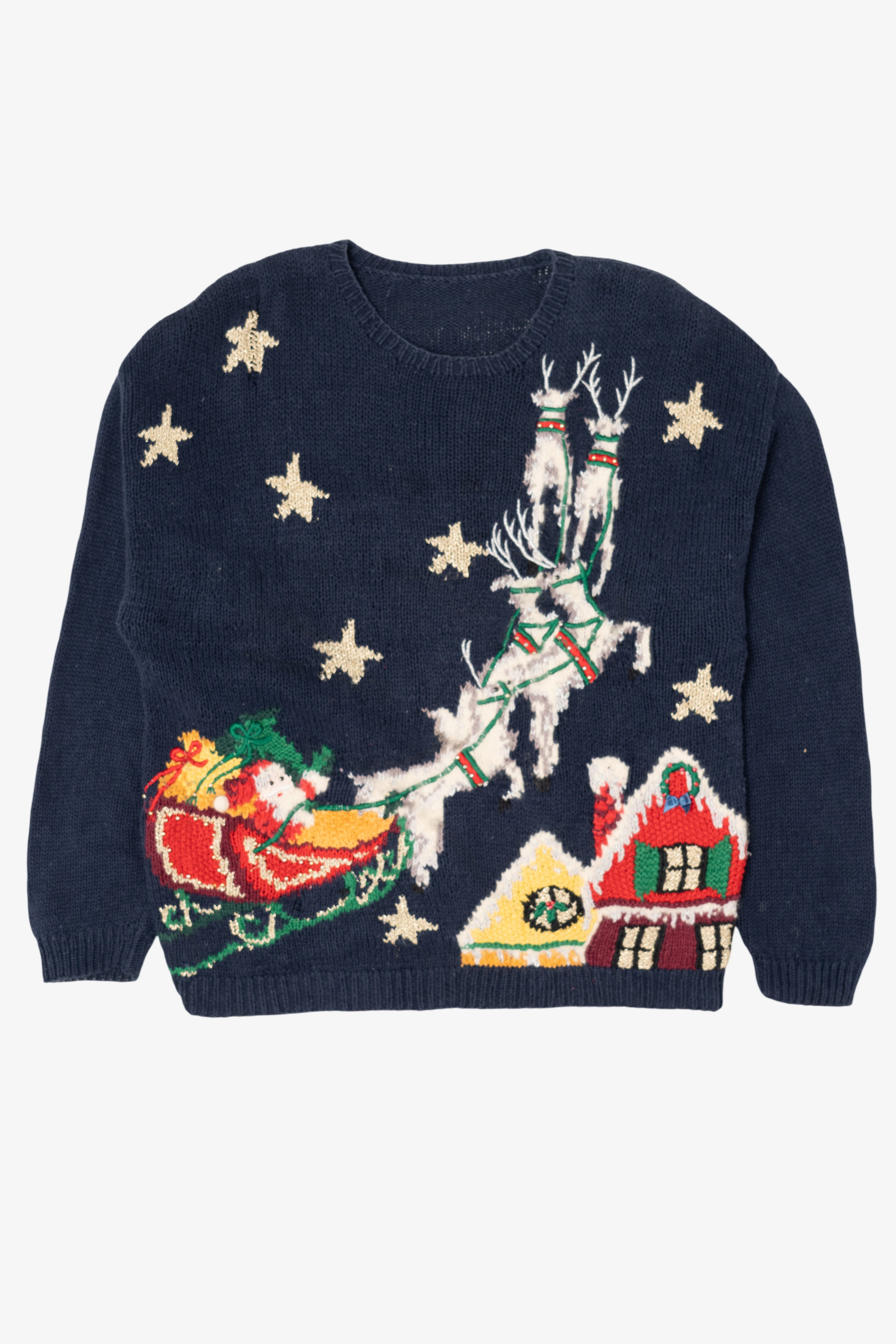 Vintage Navy Blue Santa Flying Ugly Christmas Pullover (1990s)