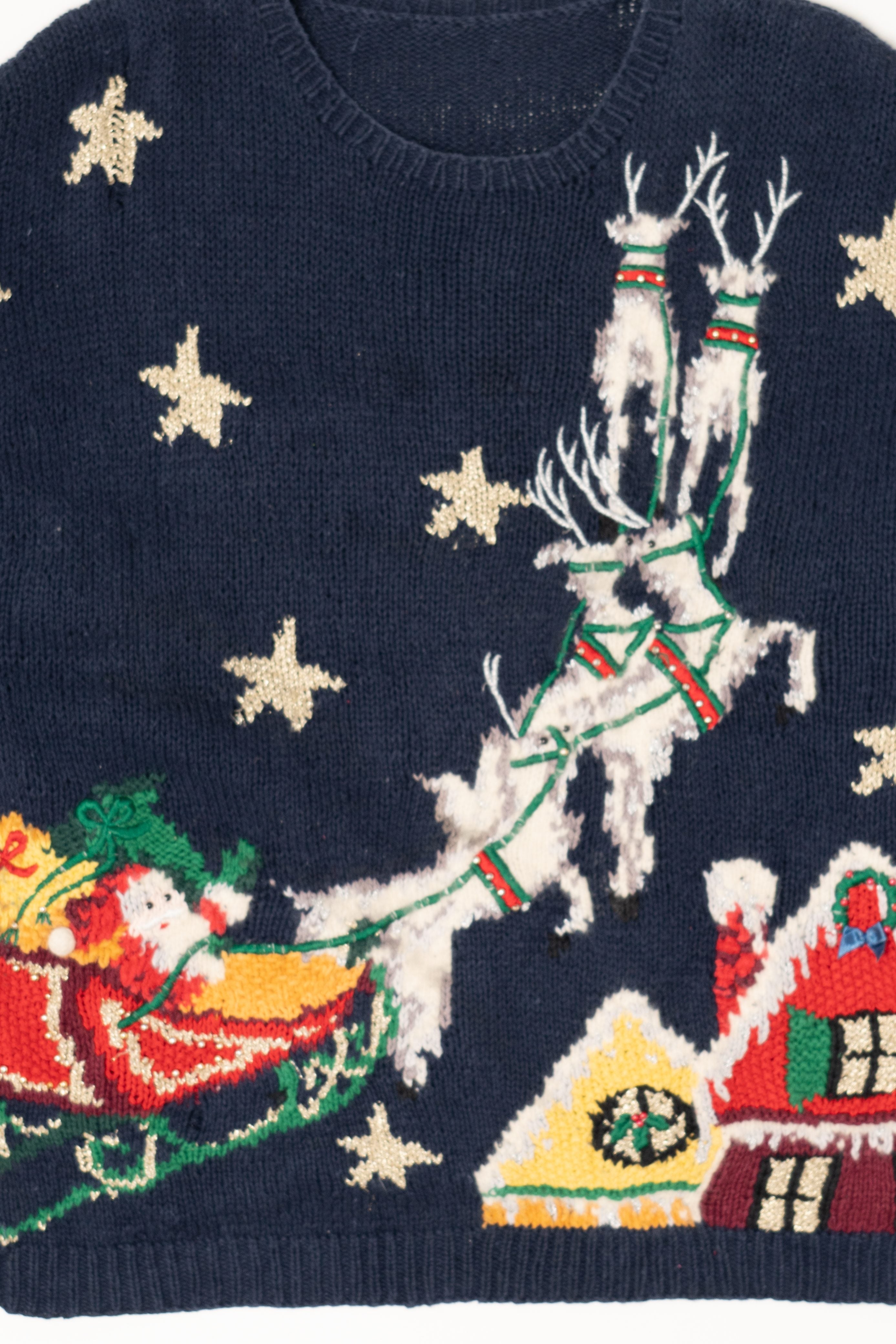 Vintage Navy Blue Santa Flying Ugly Christmas Pullover (1990s)