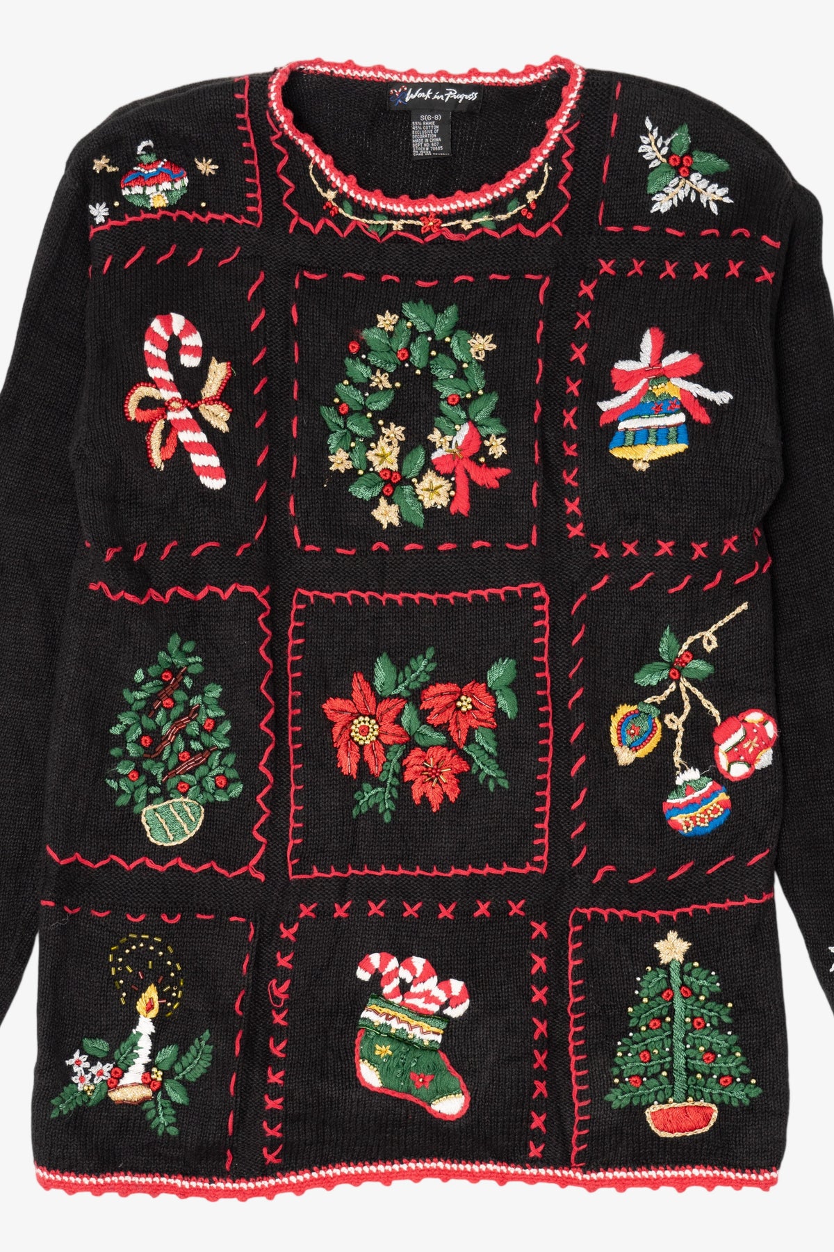 Vintage Black Work in Progress Ugly Christmas Pullover (1990s)
