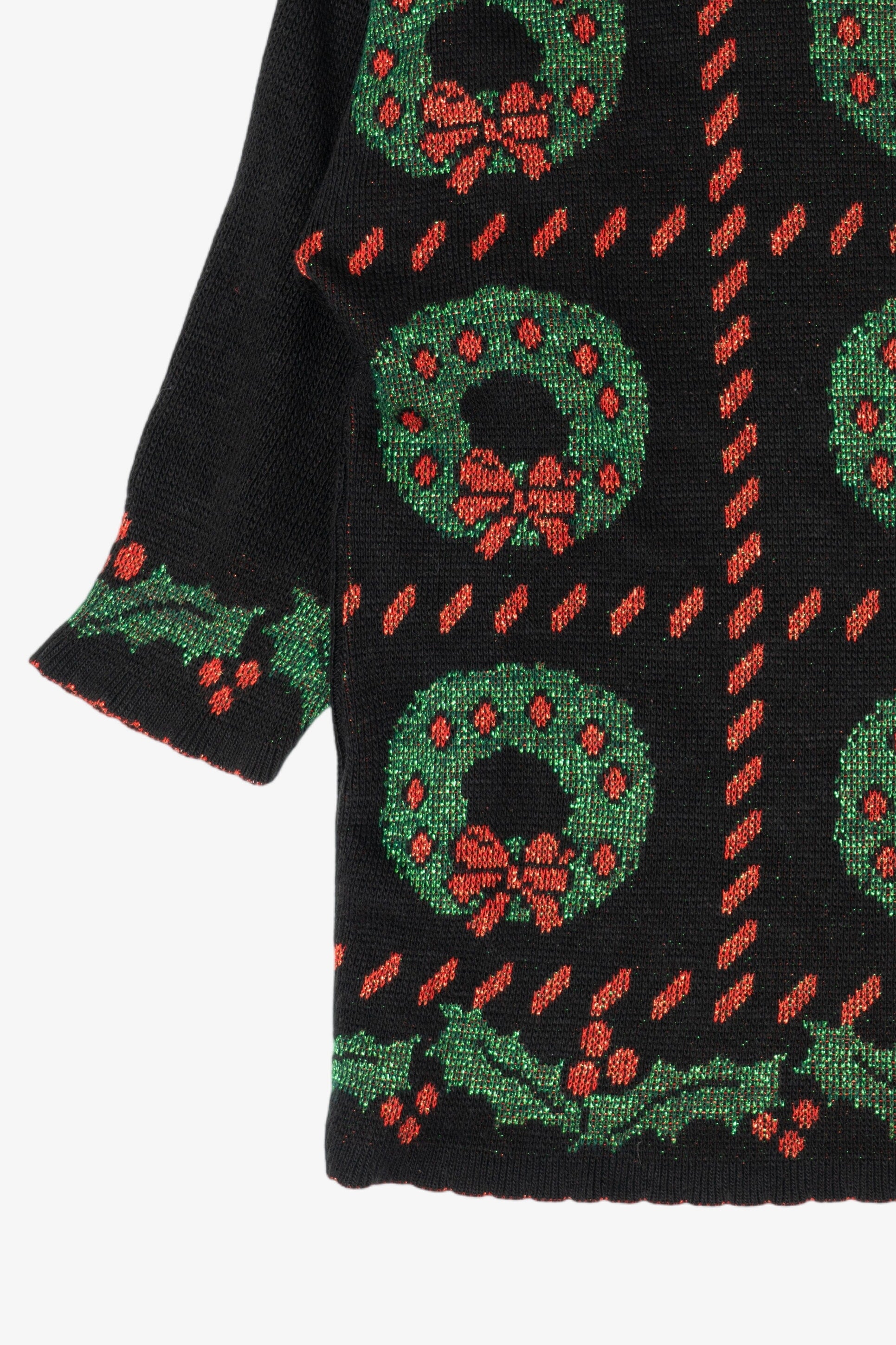 Vintage Black Holiday Time Wreaths Ugly Christmas Pullover (1980s)