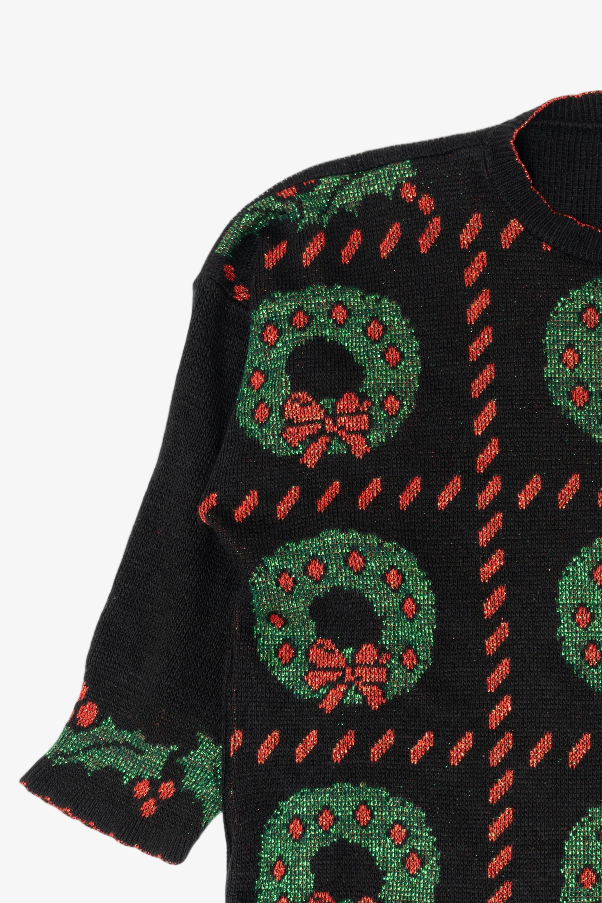 Vintage Black Holiday Time Wreaths Ugly Christmas Pullover (1980s)