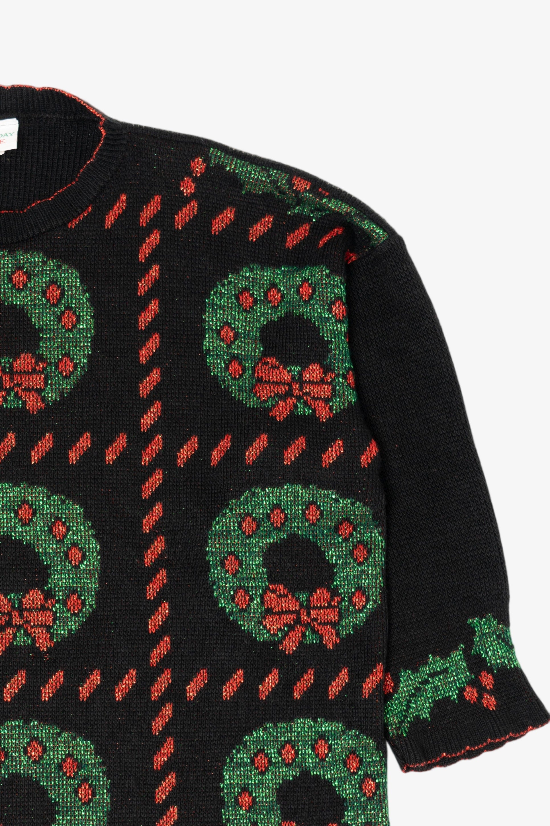 Vintage Black Holiday Time Wreaths Ugly Christmas Pullover (1980s)