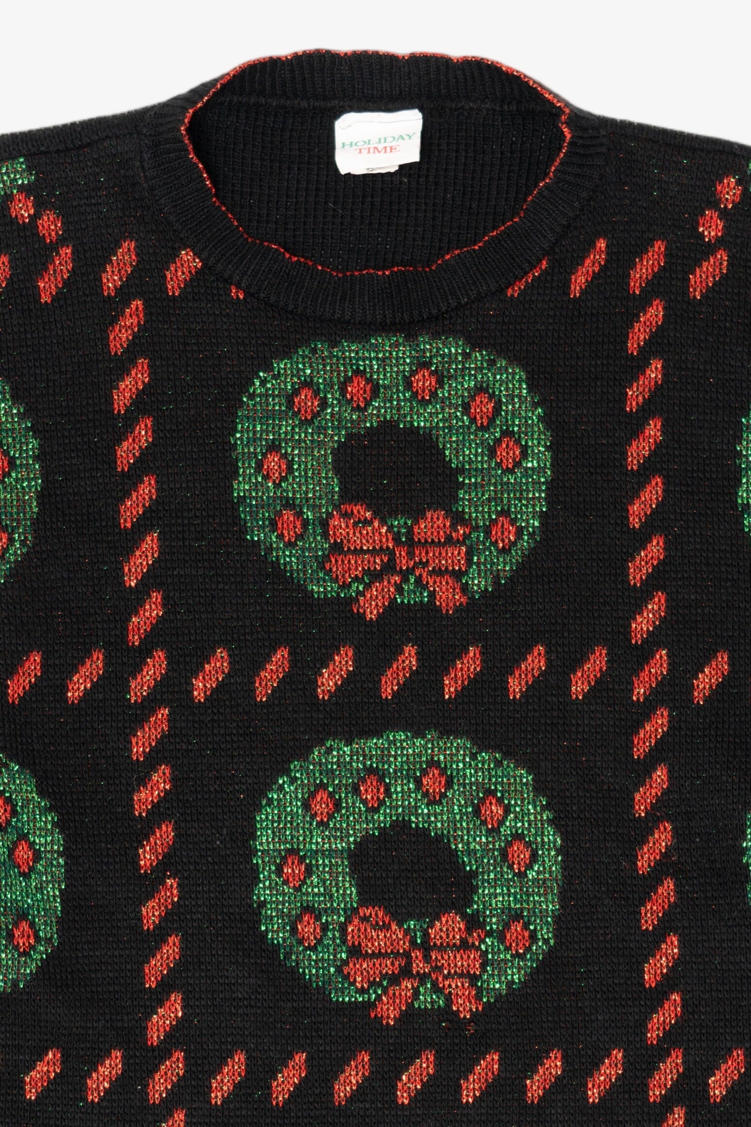 Vintage Black Holiday Time Wreaths Ugly Christmas Pullover (1980s)