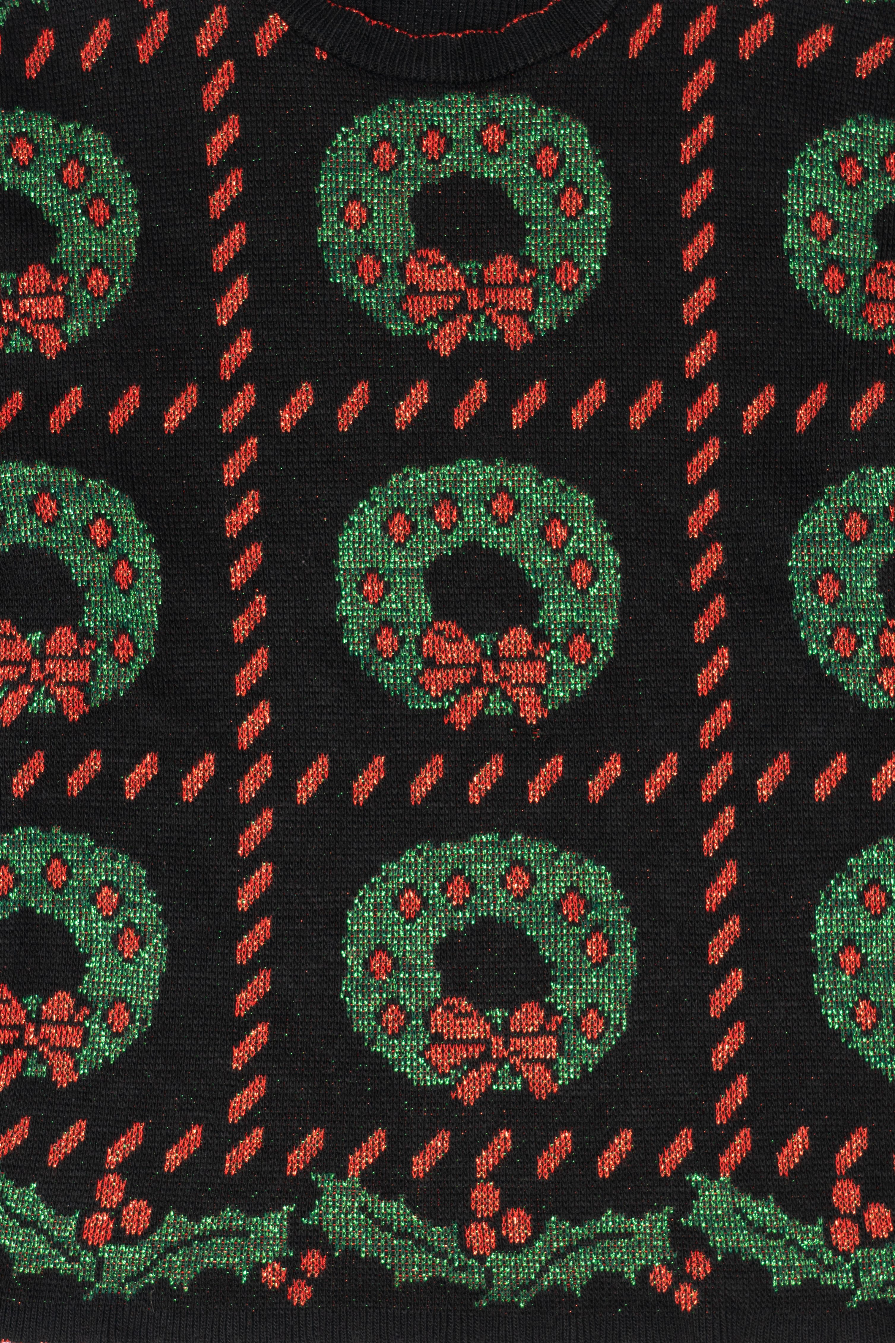 Vintage Black Holiday Time Wreaths Ugly Christmas Pullover (1980s)