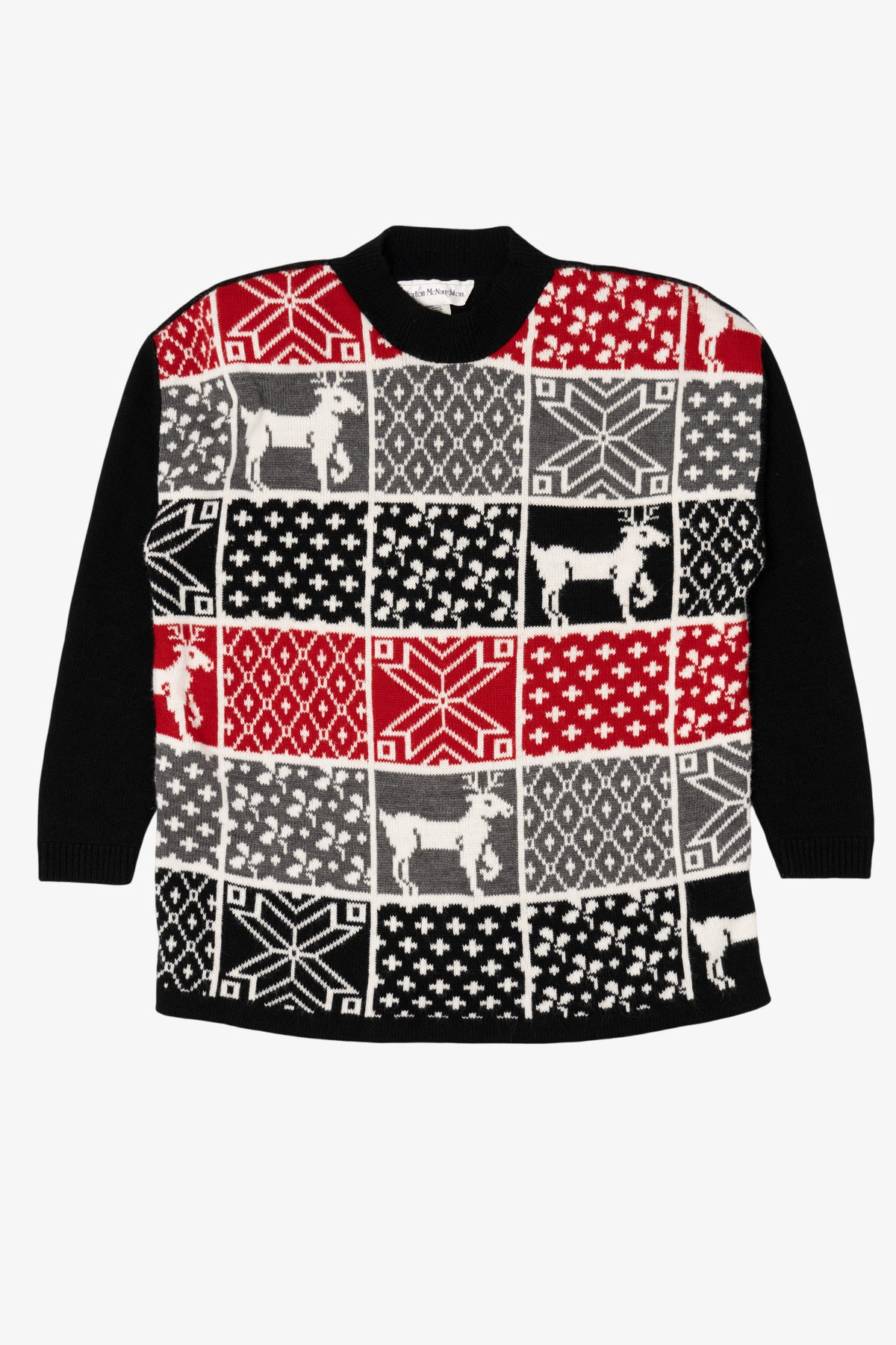 Vintage Black Norton McNaughton Reindeer Pattern Ugly Christmas Pullover (1990s)
