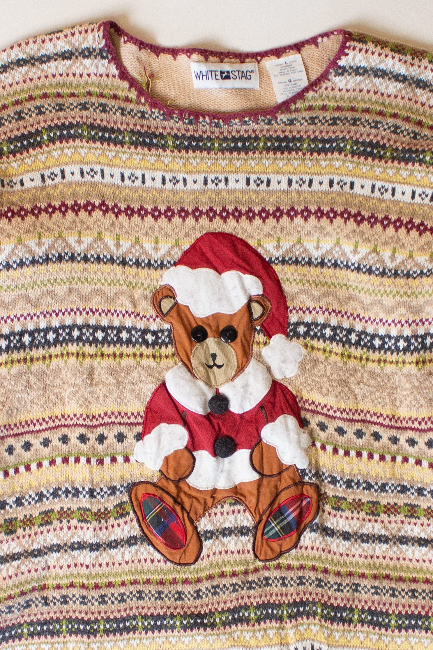Vintage Beige Santa Bear Ugly Christmas Sweater (2000s)