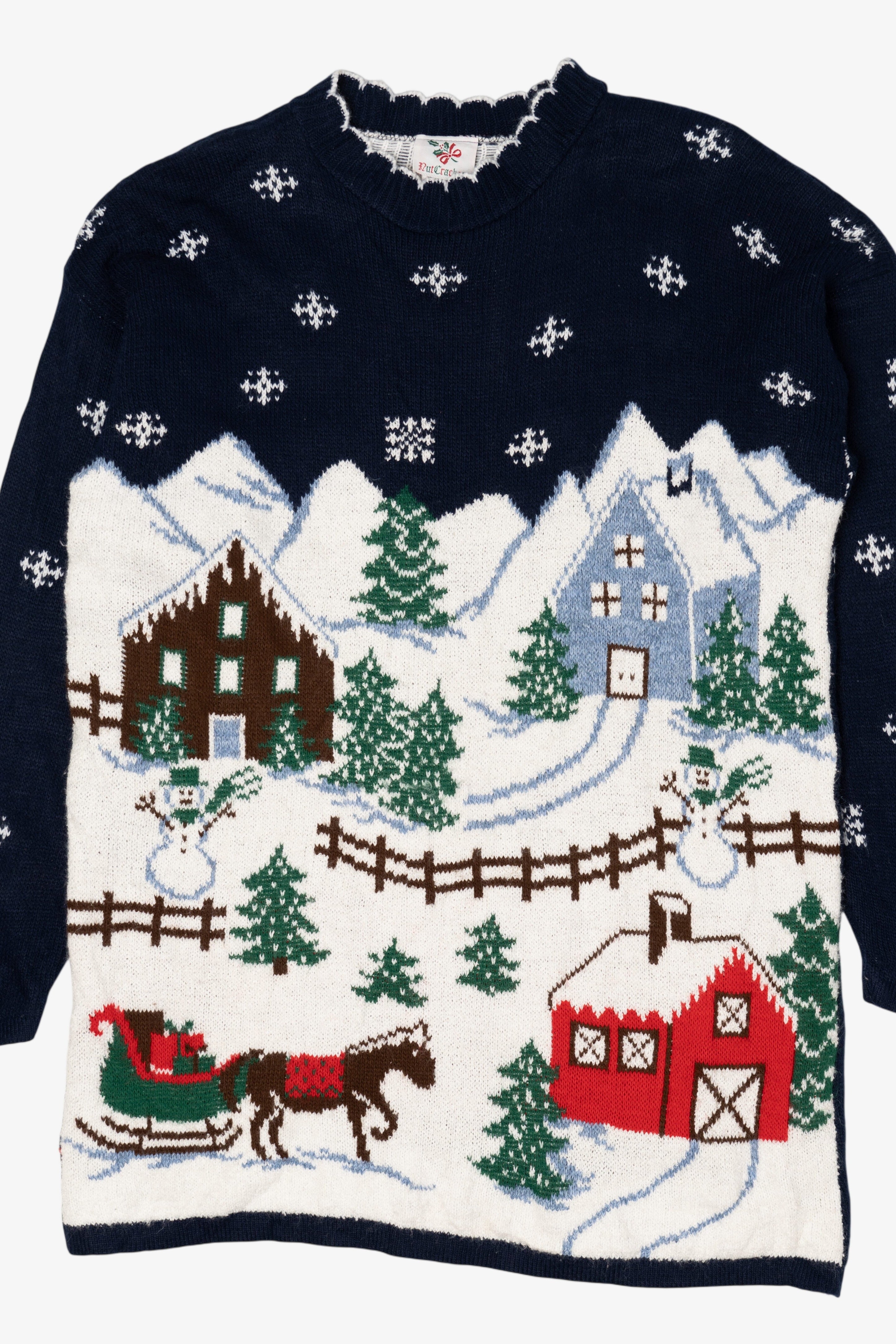 Vintage Navy Blue Nutcracker Winter Town Ugly Christmas Pullover (1980s)