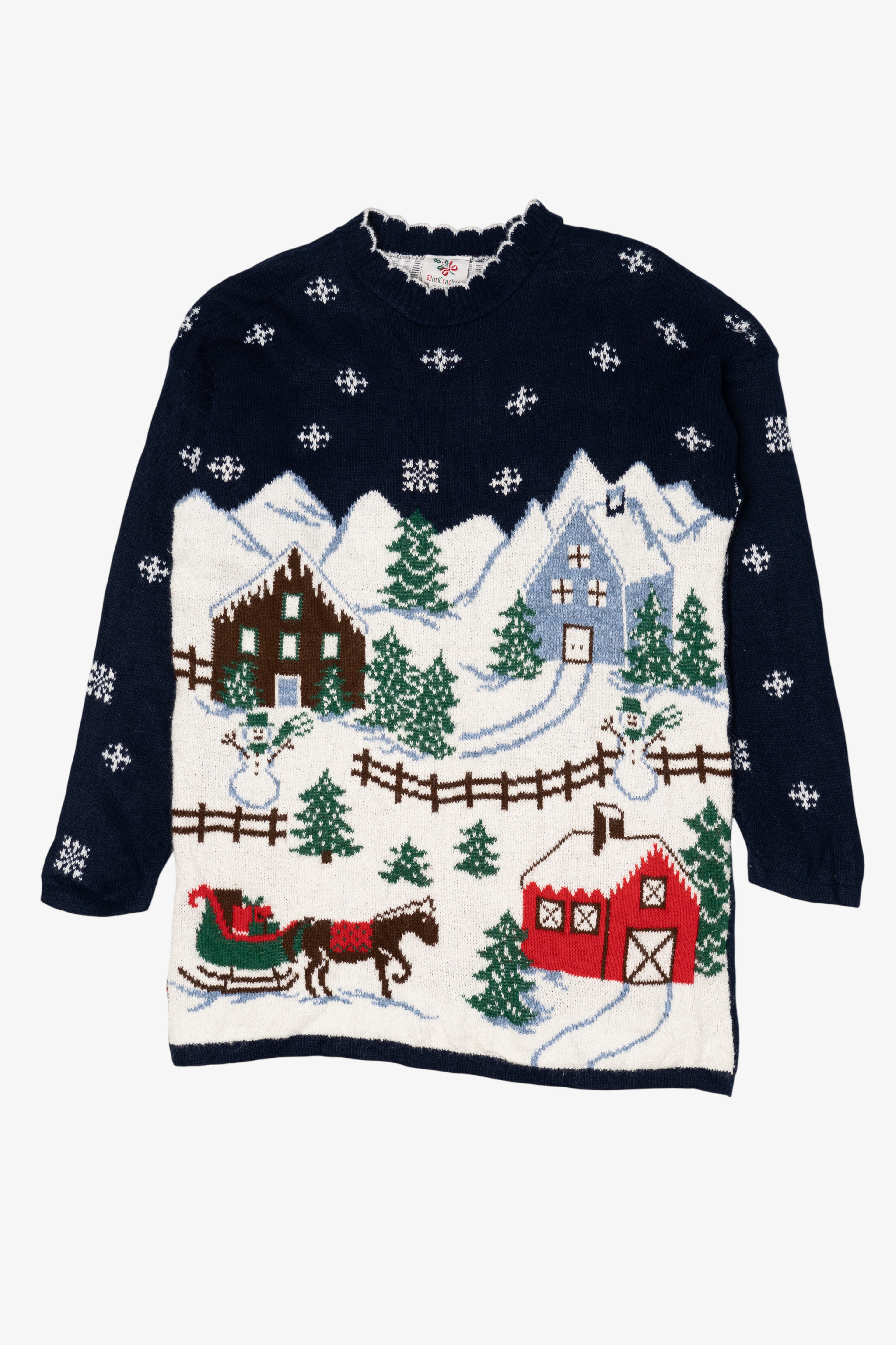 Vintage Navy Blue Nutcracker Winter Town Ugly Christmas Pullover (1980s)
