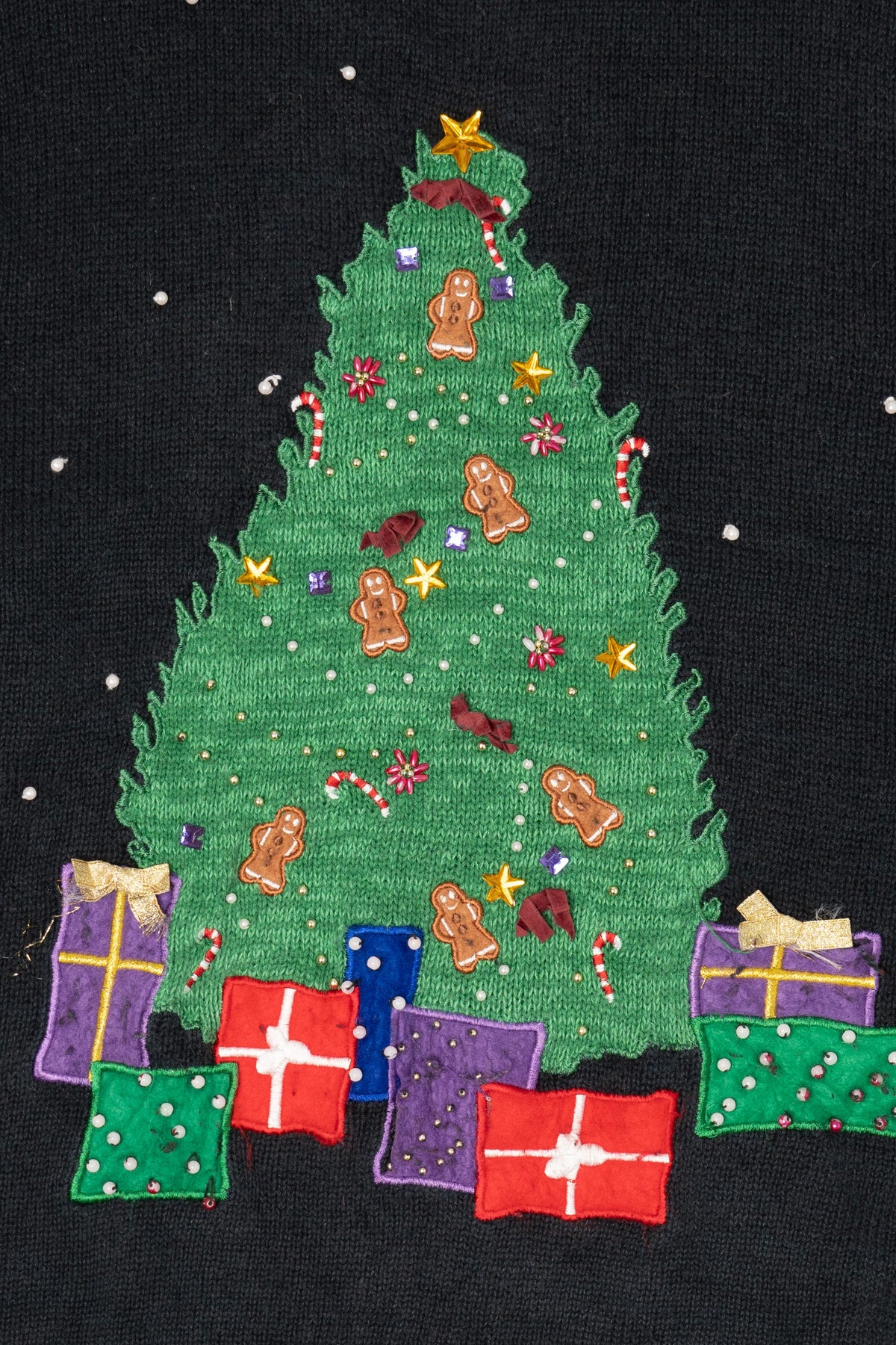 Vintage Black Bobbie Brooks Presents Under Tree Ugly Christmas Pullover (1990s)