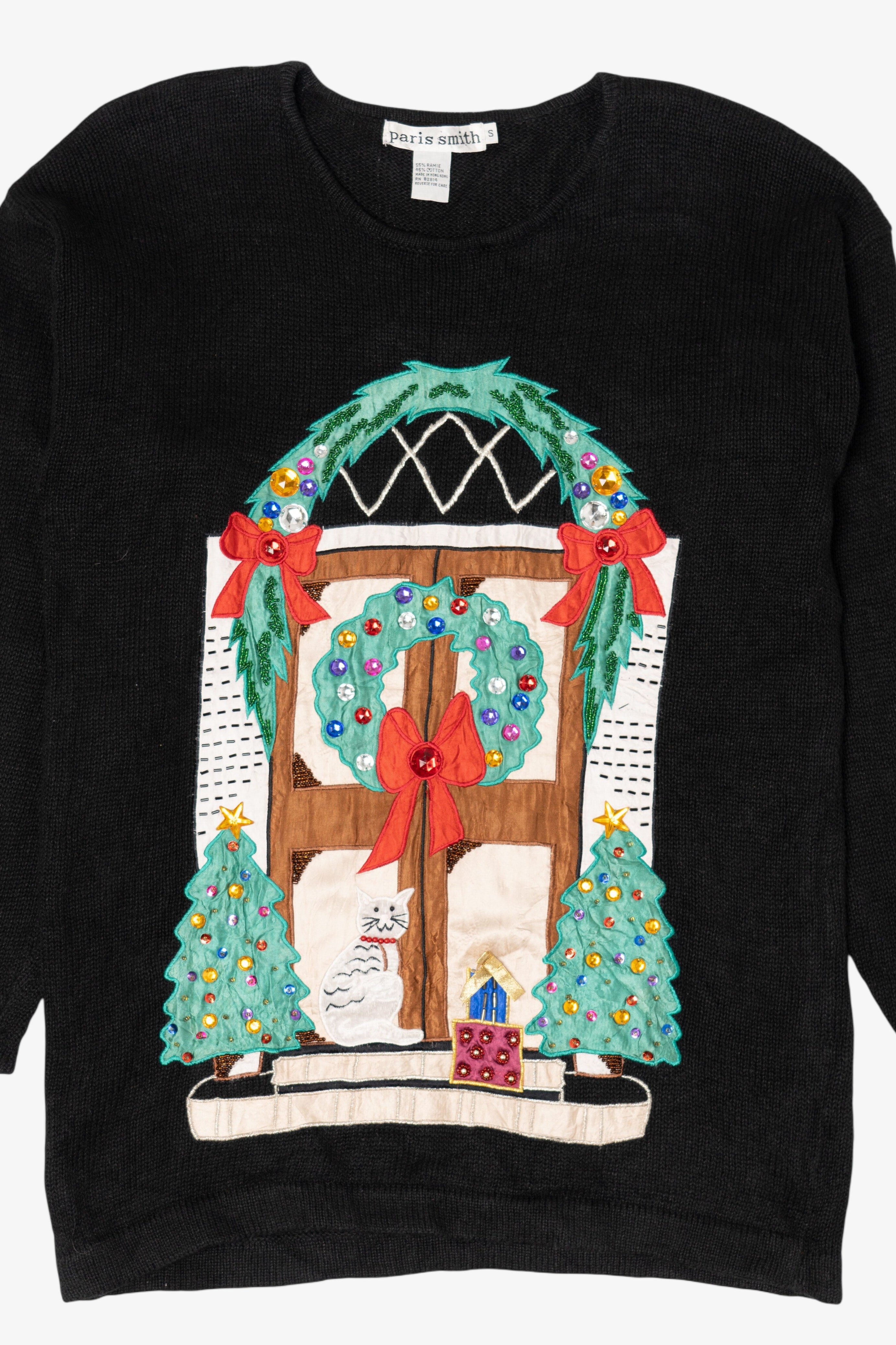 Vintage Black Paris Smith Cat In Front Of Door Ugly Christmas Pullover (1990s)