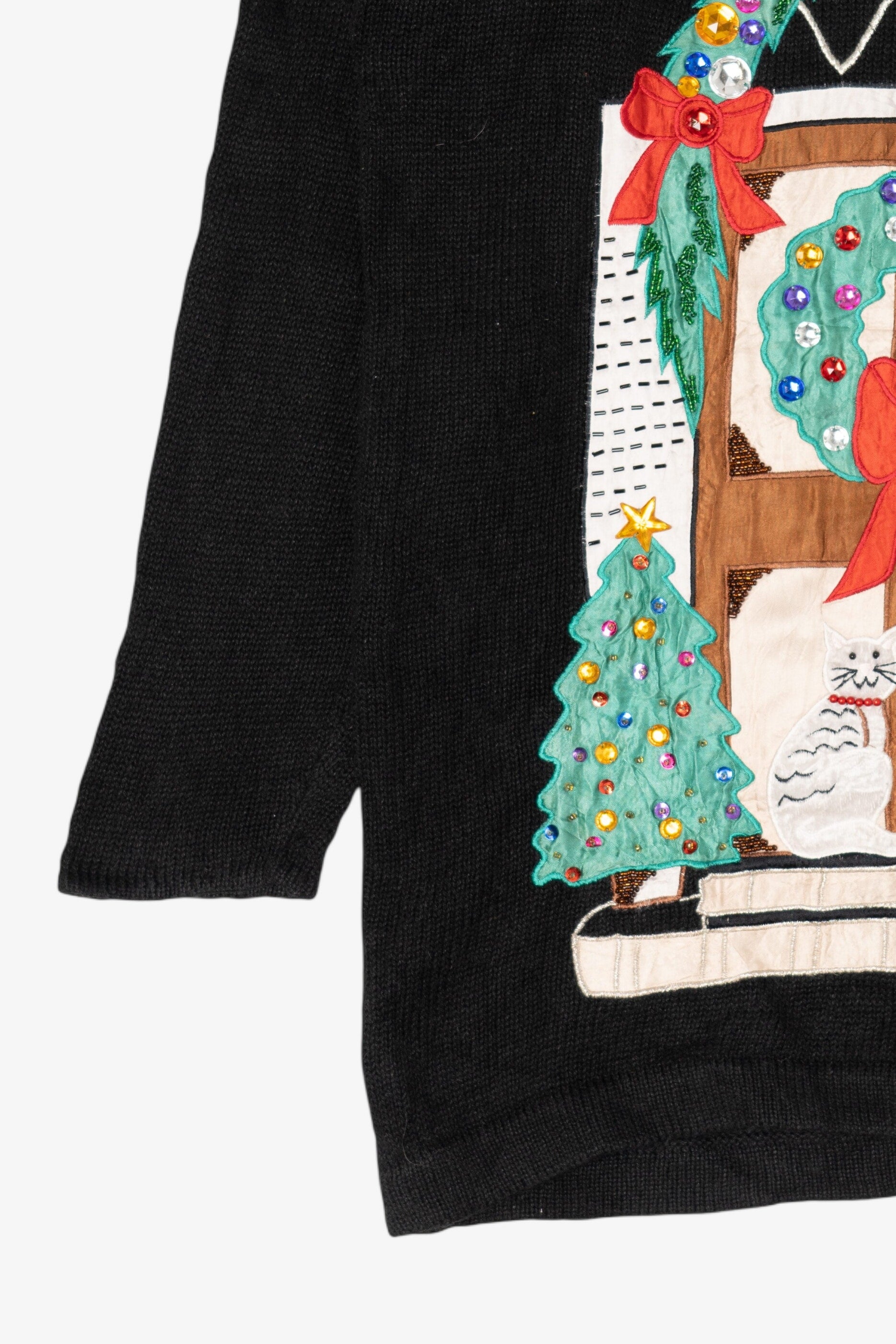 Vintage Black Paris Smith Cat In Front Of Door Ugly Christmas Pullover (1990s)