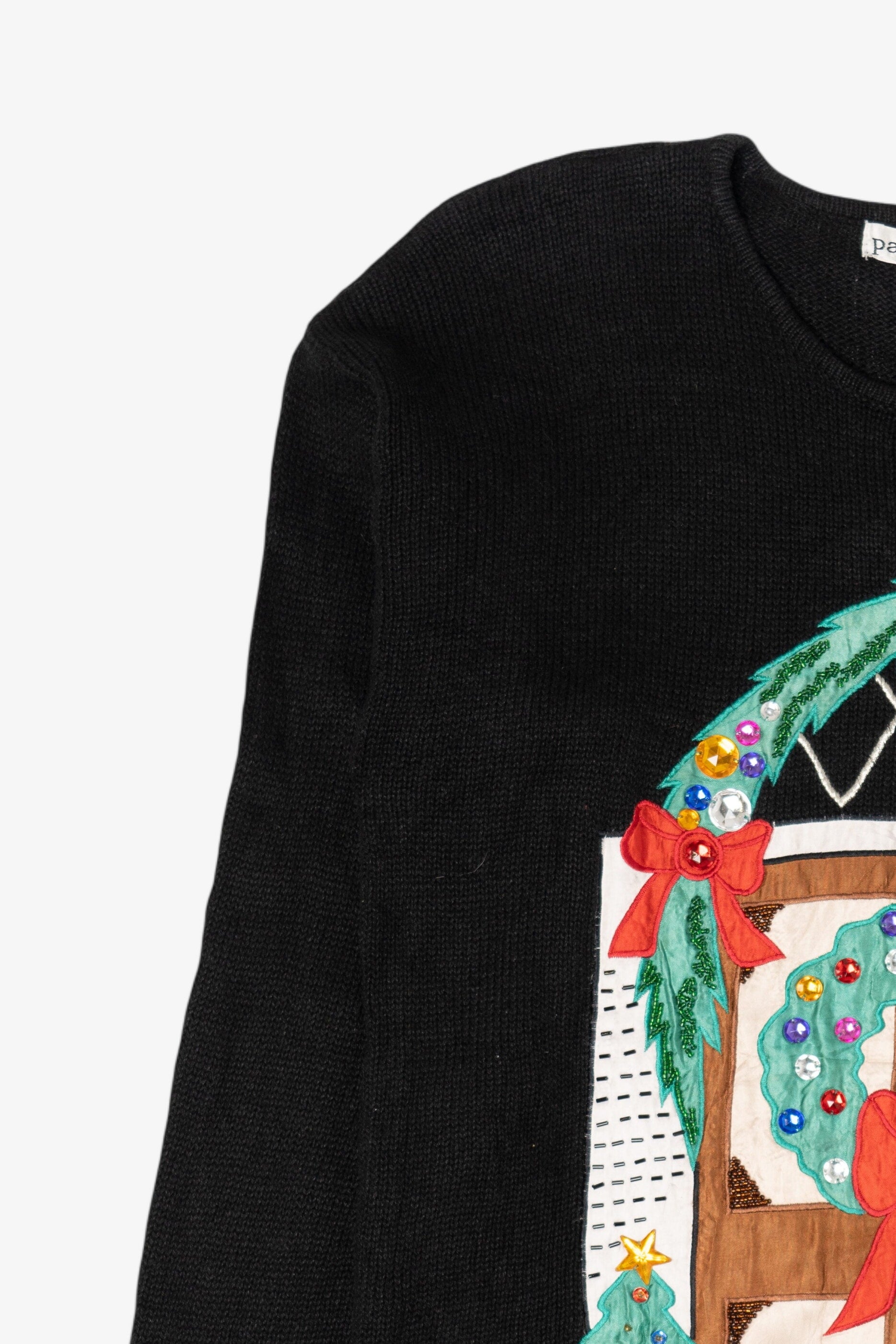 Vintage Black Paris Smith Cat In Front Of Door Ugly Christmas Pullover (1990s)