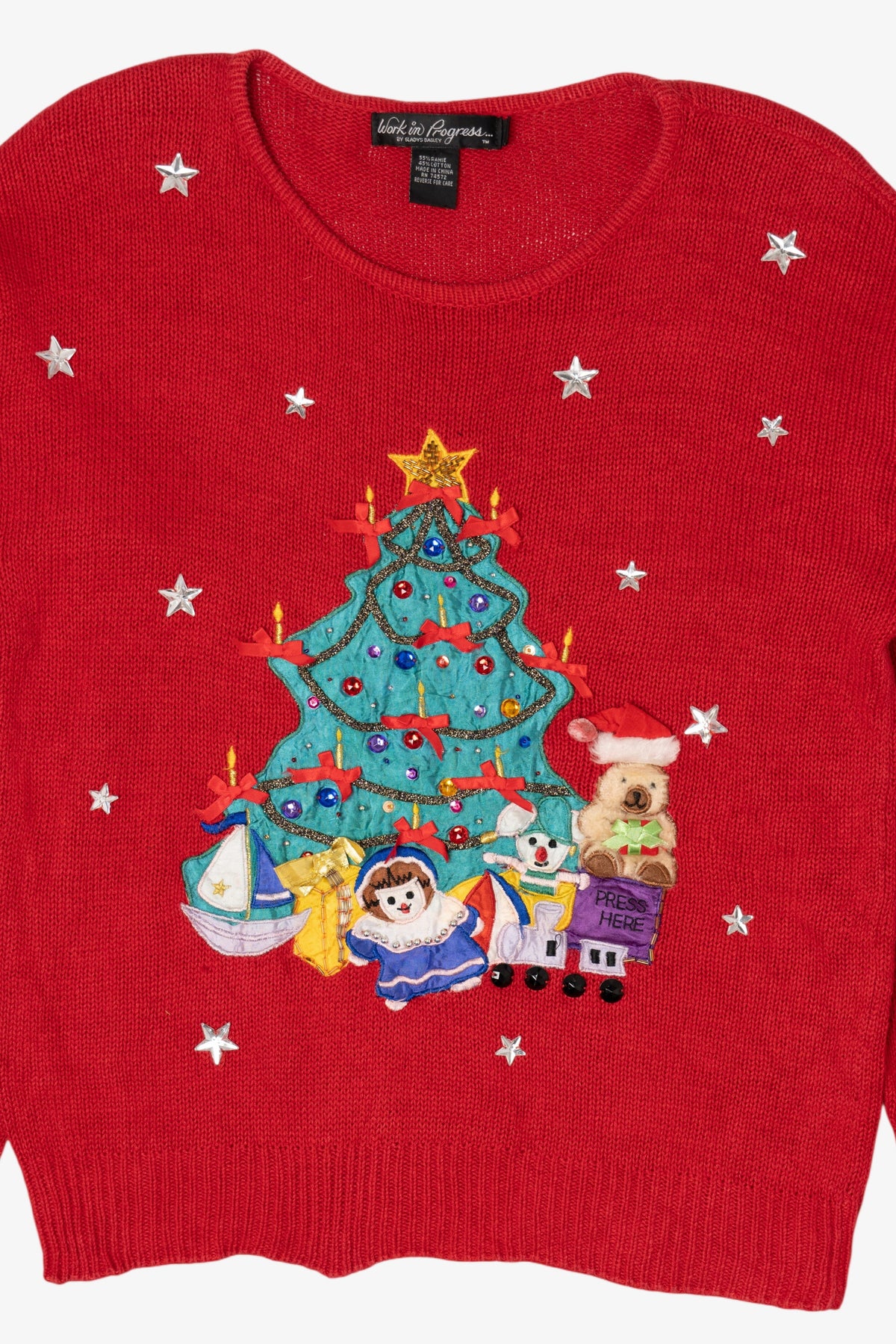 Vintage Red Work in Progress Toys Under Tree Ugly Christmas Pullover (2000s)