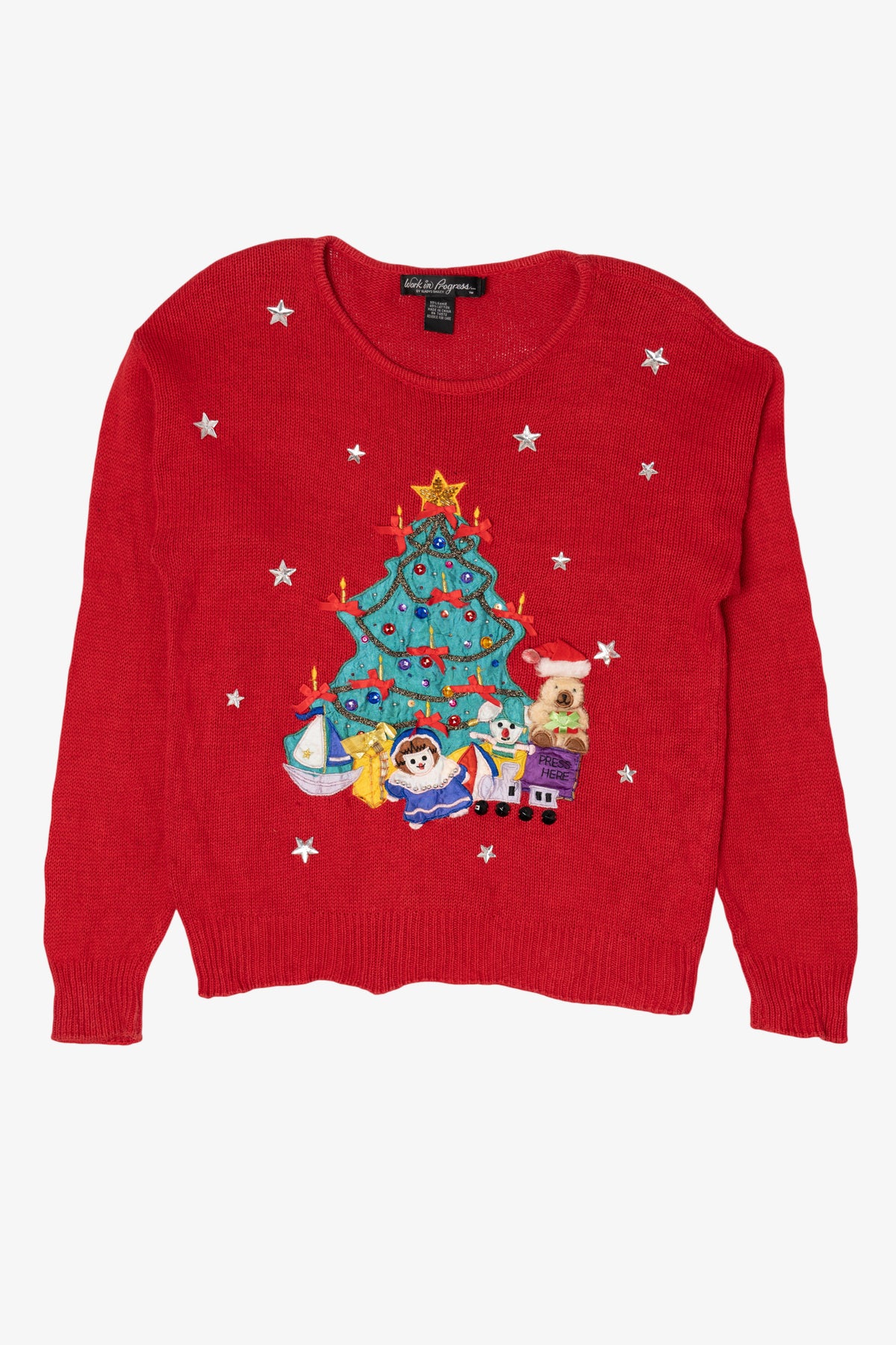Vintage Red Work in Progress Toys Under Tree Ugly Christmas Pullover (2000s)
